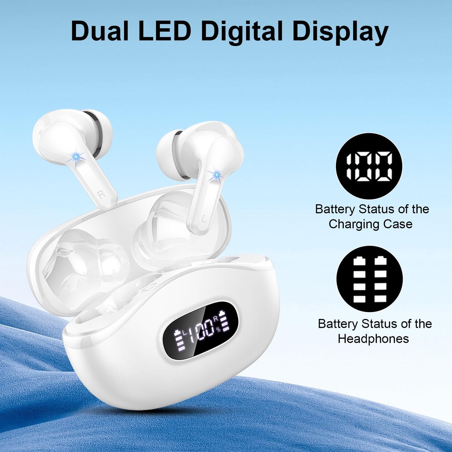 Wireless Earbuds, 2024 Bluetooth Headphones V5.3 HiFi Stereo Ear buds with ENC Noise Cancelling Mics, 40H Bluetooth Earbuds with Dual LED Display, IP7 Waterproof Earphones for Android iOS, White