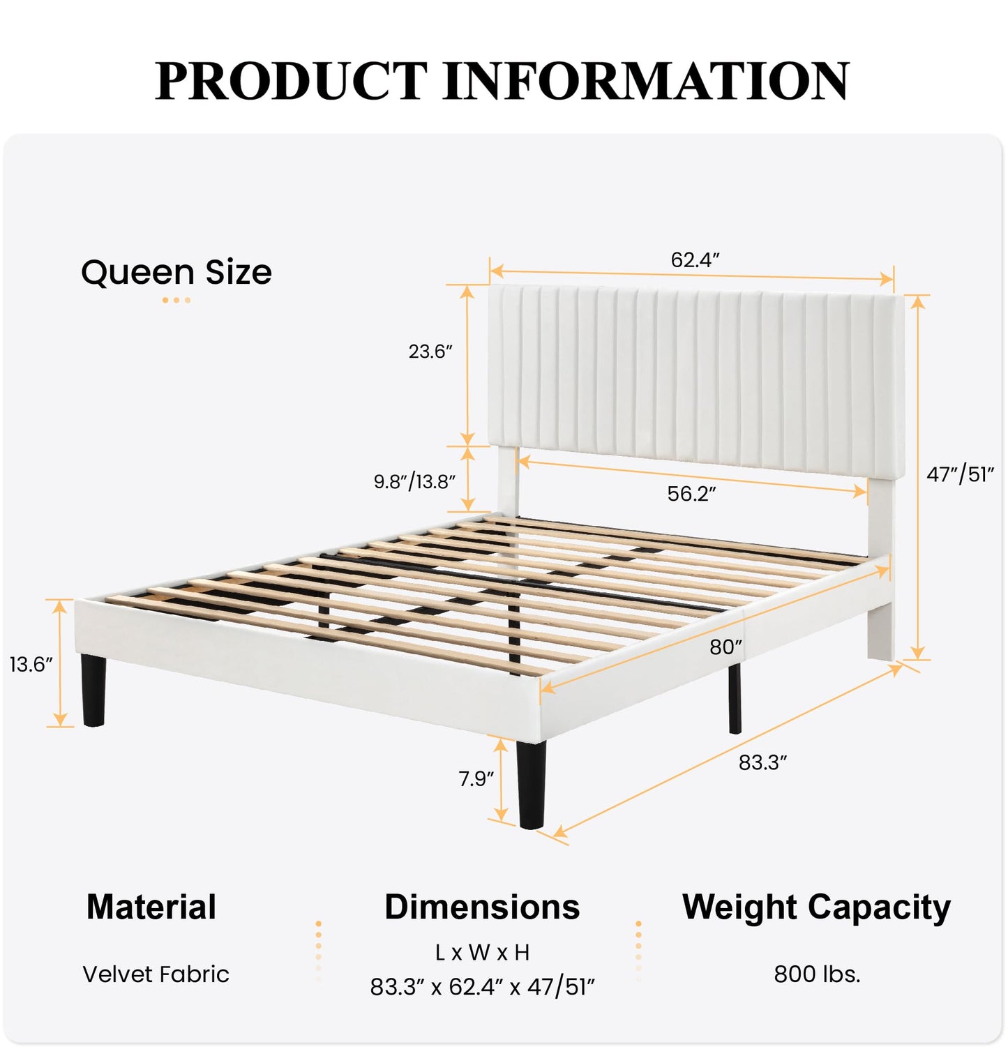 SHA CERLIN Queen Upholstered Platform Bed Frame with Vertical Channel Tufted Velvet Fabric Adjustable Headboard, Wooden Slats Support, Mattress Foundation, Box Spring Optional, Off-White
