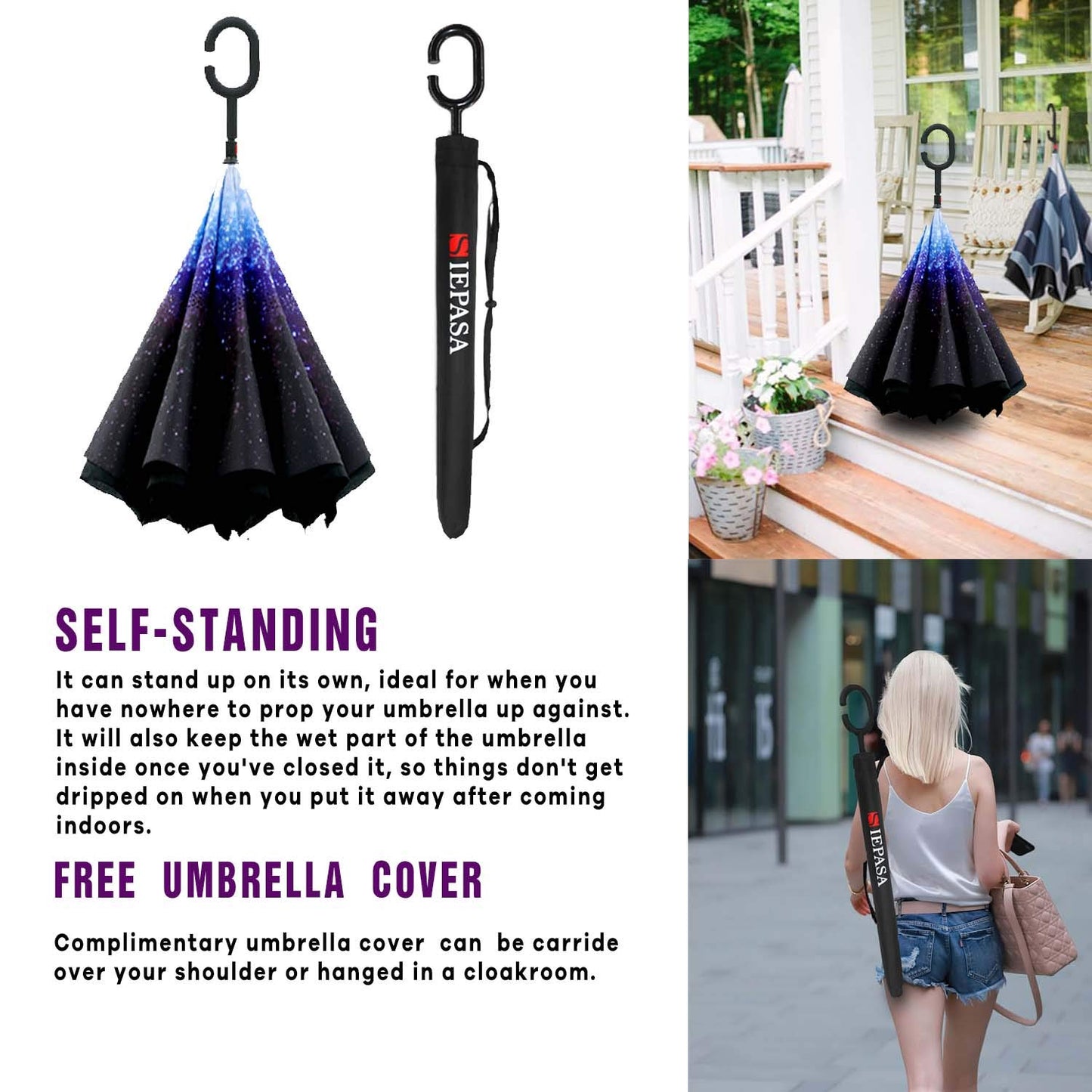 SIEPASA 49/56 Inch Inverted Reverse Upside Down Umbrella, Extra Large Double Canopy Vented Windproof Waterproof Stick Golf Umbrellas with C-shape Handle.(Black & Starry/ 2 Pack, 49 Inch)