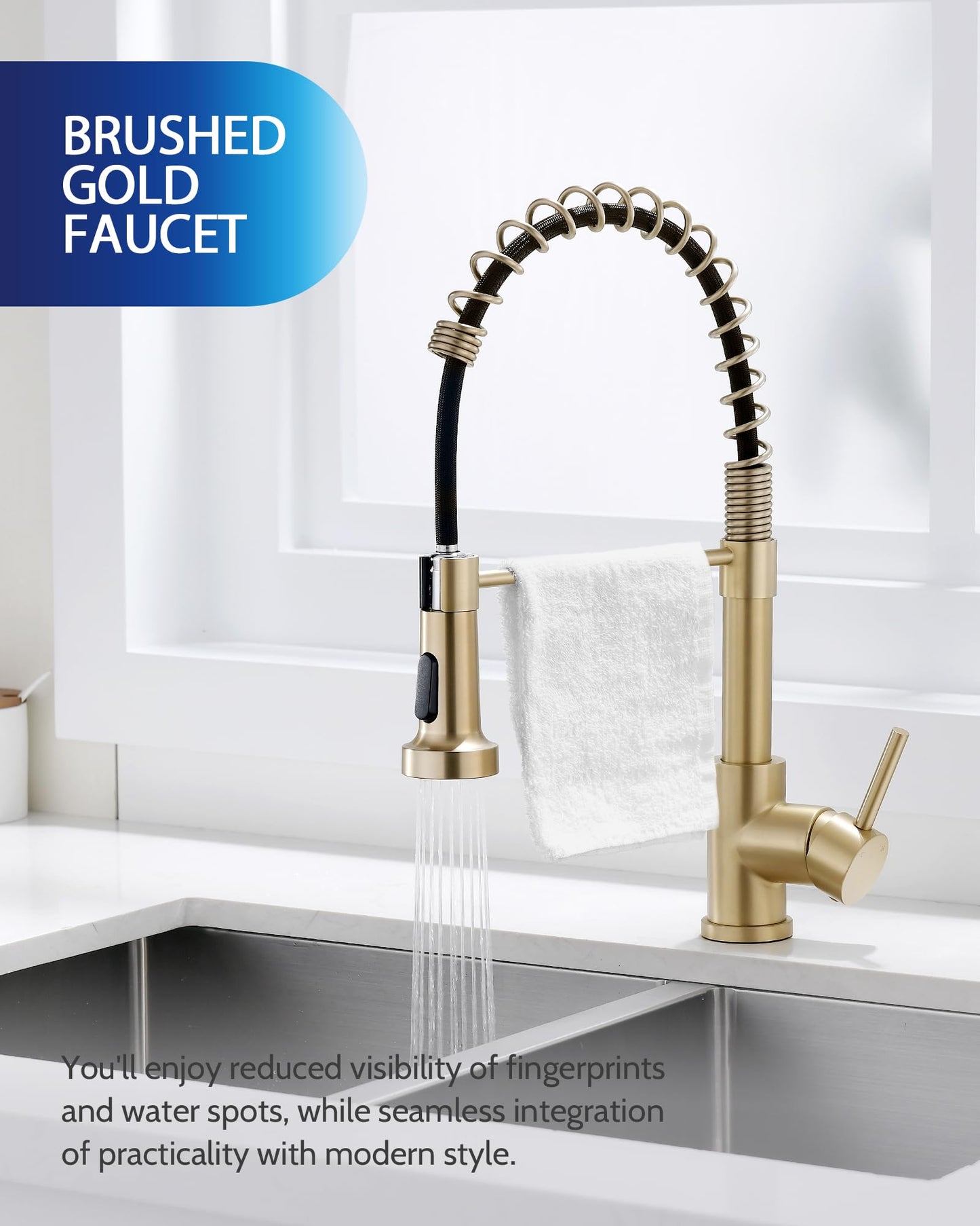 LUFEIDRA Brushed Gold Kitchen Faucet-Gold Sink Faucet with Sprayer Single Handle Stainless Steel Gold Faucet for Kitchen Sink Farmhouse Camper Commercial Modern RV Outdoor