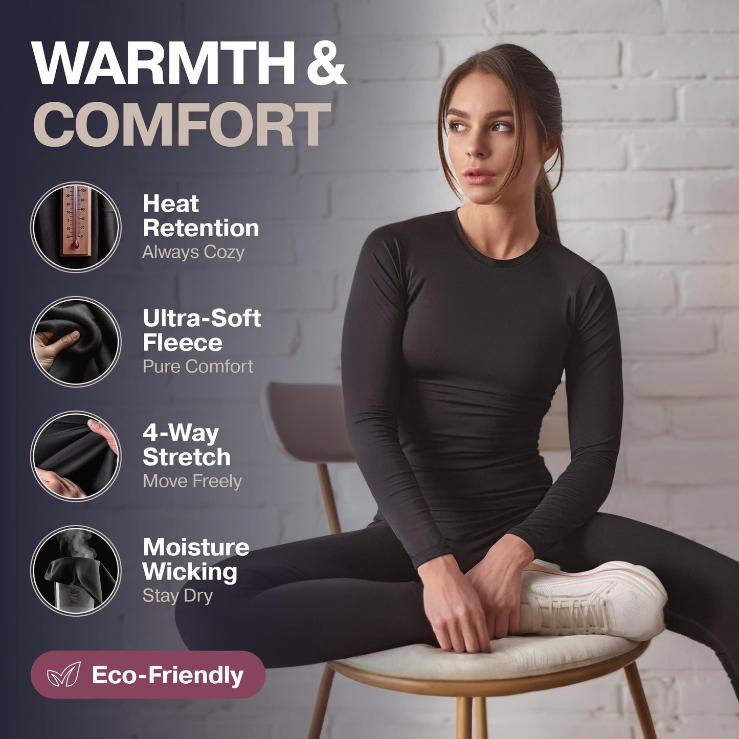 Thermajane Long Johns Thermal Underwear for Women Fleece Lined Base Layer Pajama Set Cold Weather (Medium, Black)