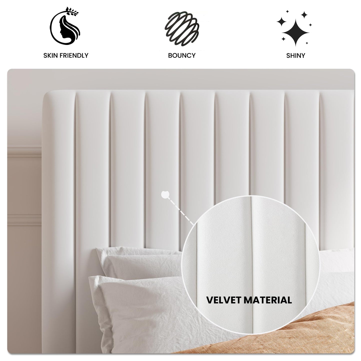 SHA CERLIN Queen Upholstered Platform Bed Frame with Vertical Channel Tufted Velvet Fabric Adjustable Headboard, Wooden Slats Support, Mattress Foundation, Box Spring Optional, Off-White