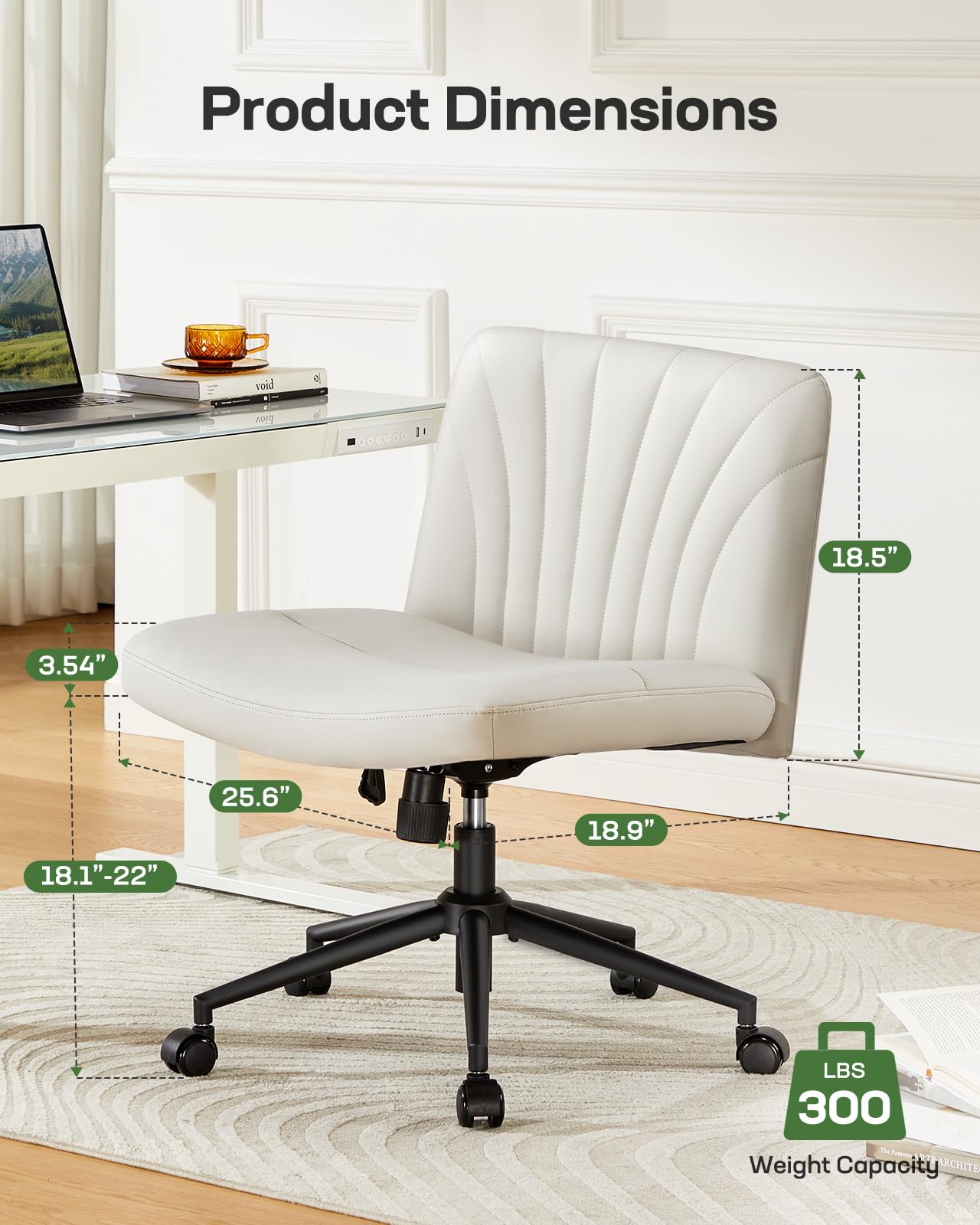 Marsail Criss Cross Chair with Wheels: PU Leather Cross Legged Office Chair Wide Armless Desk Chair Swivel Height Adjustable Vanity Chair for Make Up,Small Space,Bed Room(Light Beige)