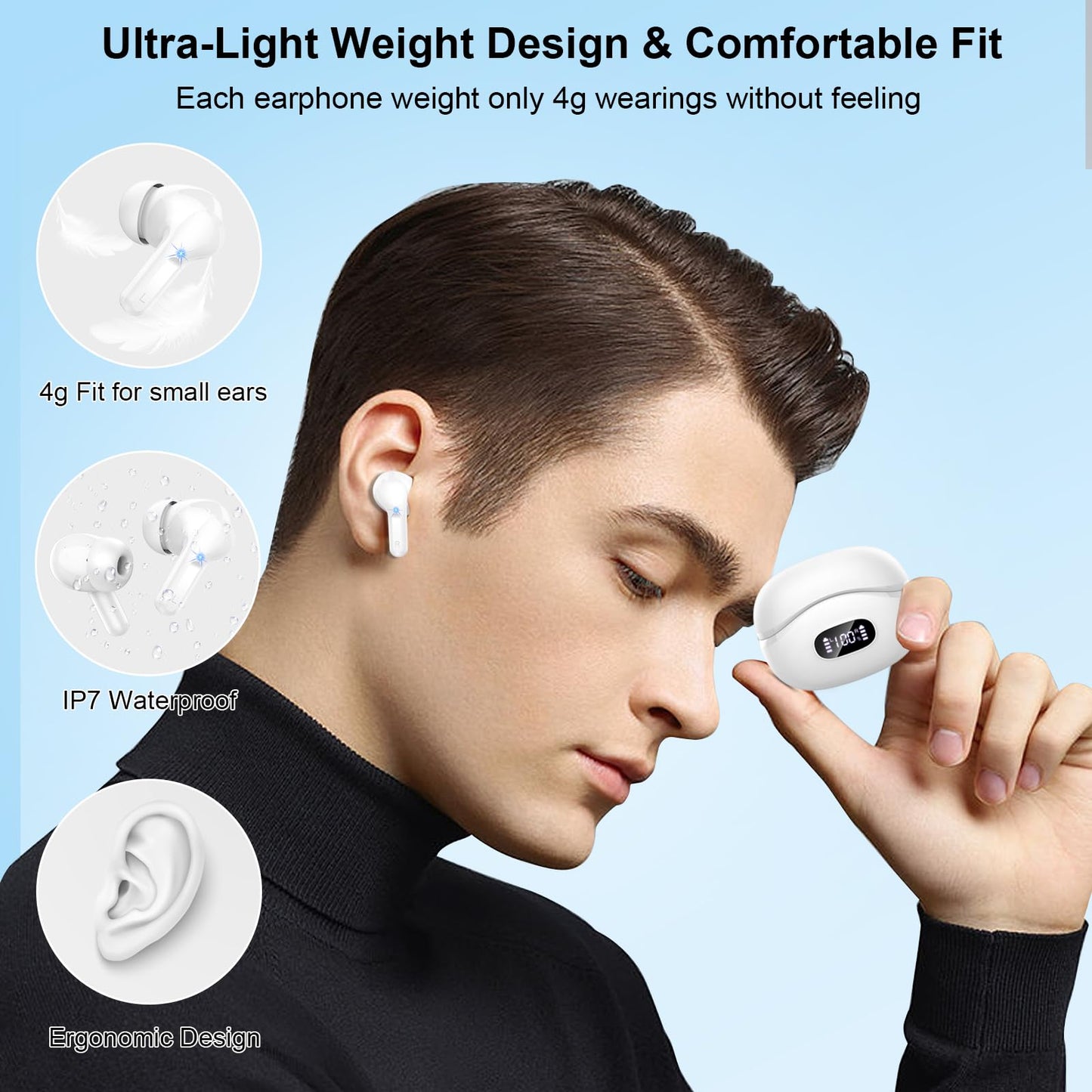 Wireless Earbuds, 2024 Bluetooth Headphones V5.3 HiFi Stereo Ear buds with ENC Noise Cancelling Mics, 40H Bluetooth Earbuds with Dual LED Display, IP7 Waterproof Earphones for Android iOS, White