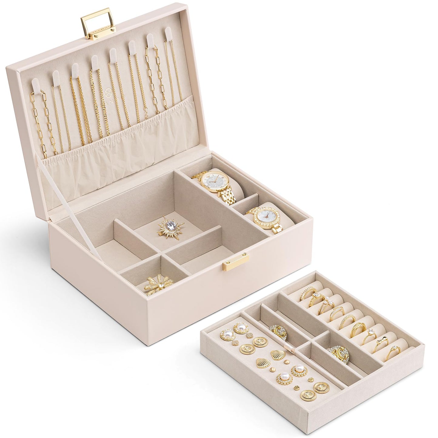 Vlando 2 Layer Jewelry Box Large Jewelry Organizer for Women Removable Jewelery Tray with Watch Pillow for Necklace Earrings Rings Bracelets Jewelry Boxes for Mother‘s Day Gifts (Apricot White)