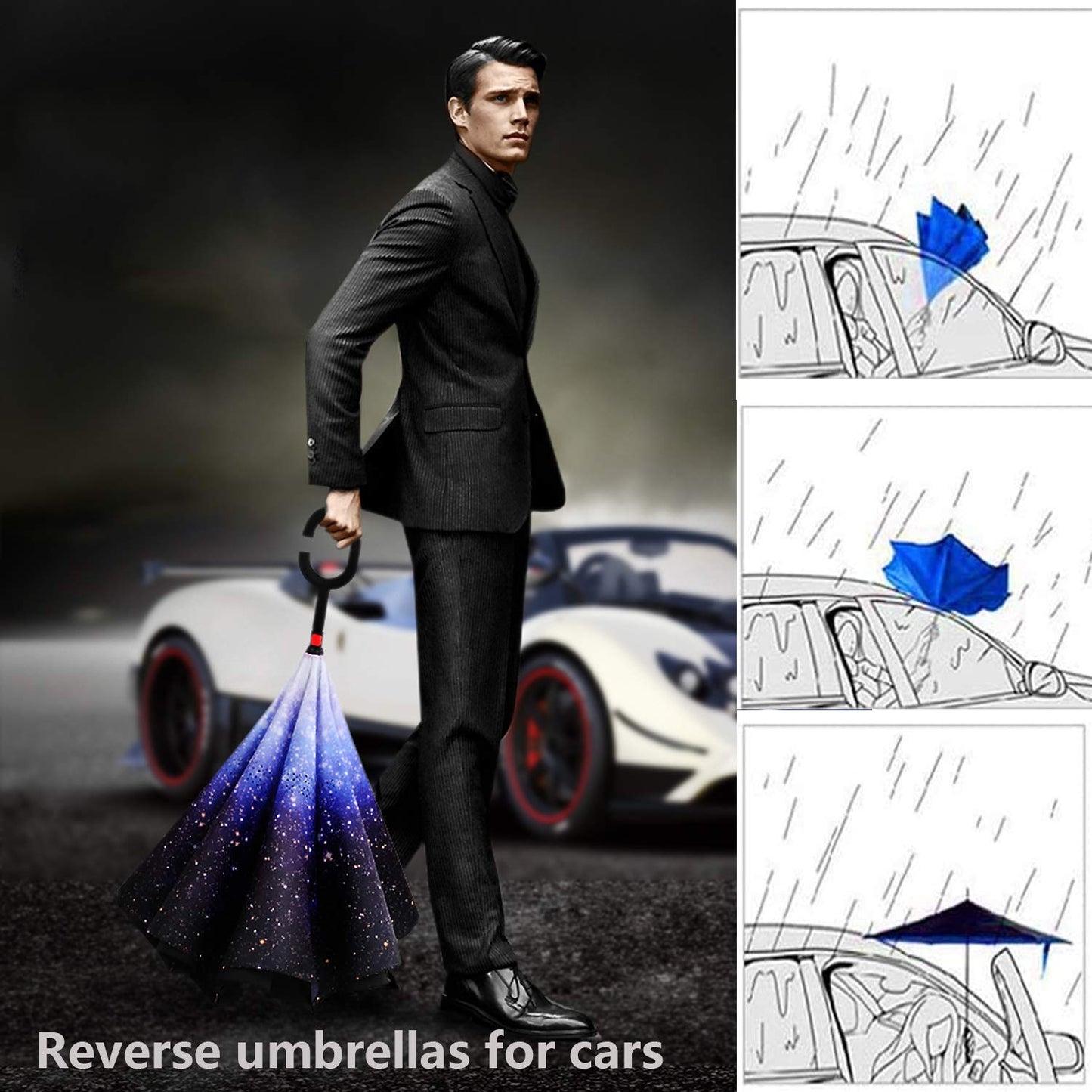 SIEPASA 49/56 Inch Inverted Reverse Upside Down Umbrella, Extra Large Double Canopy Vented Windproof Waterproof Stick Golf Umbrellas with C-shape Handle.(Black & Starry/ 2 Pack, 49 Inch)