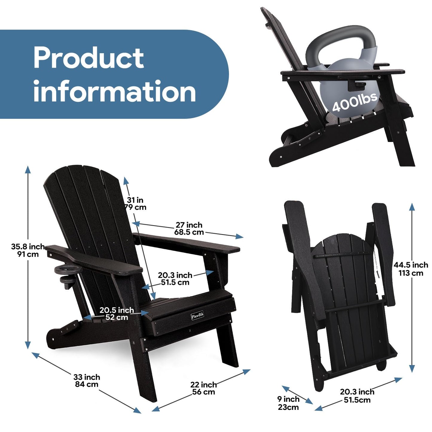 Plawdlik Folding Adirondack Chair, SGS Tested, Wooden Textured with Cup Holder, Heavy All-Weather HDPE Comfortable Set Poolside Backyard Lawn Black