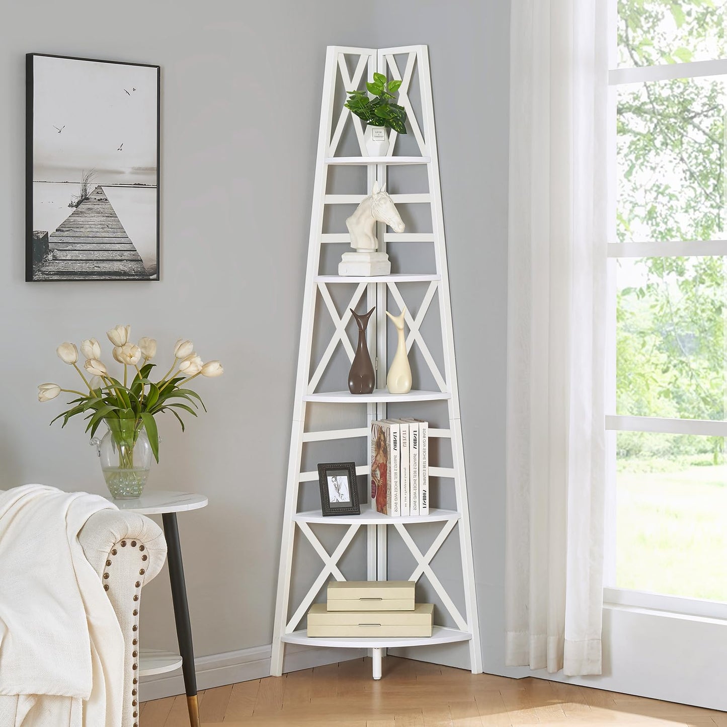 HOMBAZAAR Corner shelf,5-Tier Freestanding Corner Bookshelf,Tall Corner Ladder Shelf with Metal Frames,Multifunctional Corner Shelf Stand for Living Room, Bedroom, Kitchen, Home Office, White