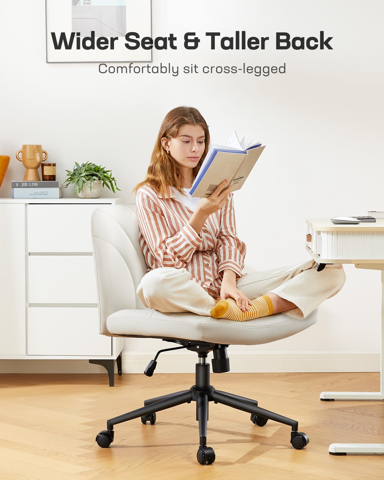 Marsail Criss Cross Chair with Wheels: PU Leather Cross Legged Office Chair Wide Armless Desk Chair Swivel Height Adjustable Vanity Chair for Make Up,Small Space,Bed Room(Light Beige)