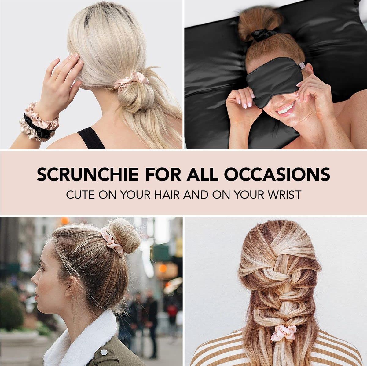 Kitsch Satin Hair Scrunchies for Women, Softer Than Silk Scrunchies for Hair, Satin Scrunchies for Girls, Satin Hair Ties for Women, Silk Hair Ties No Damage, Silk Ponytail Holders, 5 pcs (Black)