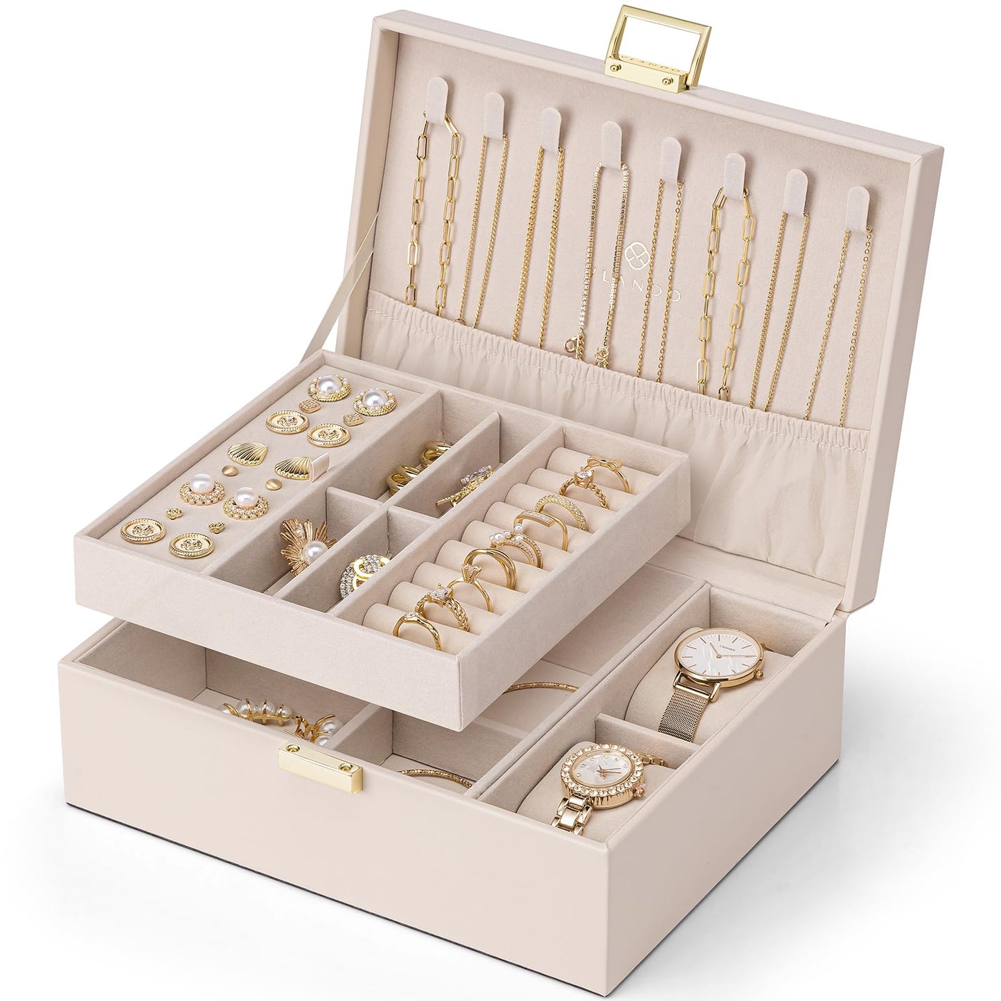 Vlando 2 Layer Jewelry Box Large Jewelry Organizer for Women Removable Jewelery Tray with Watch Pillow for Necklace Earrings Rings Bracelets Jewelry Boxes for Mother‘s Day Gifts (Apricot White)