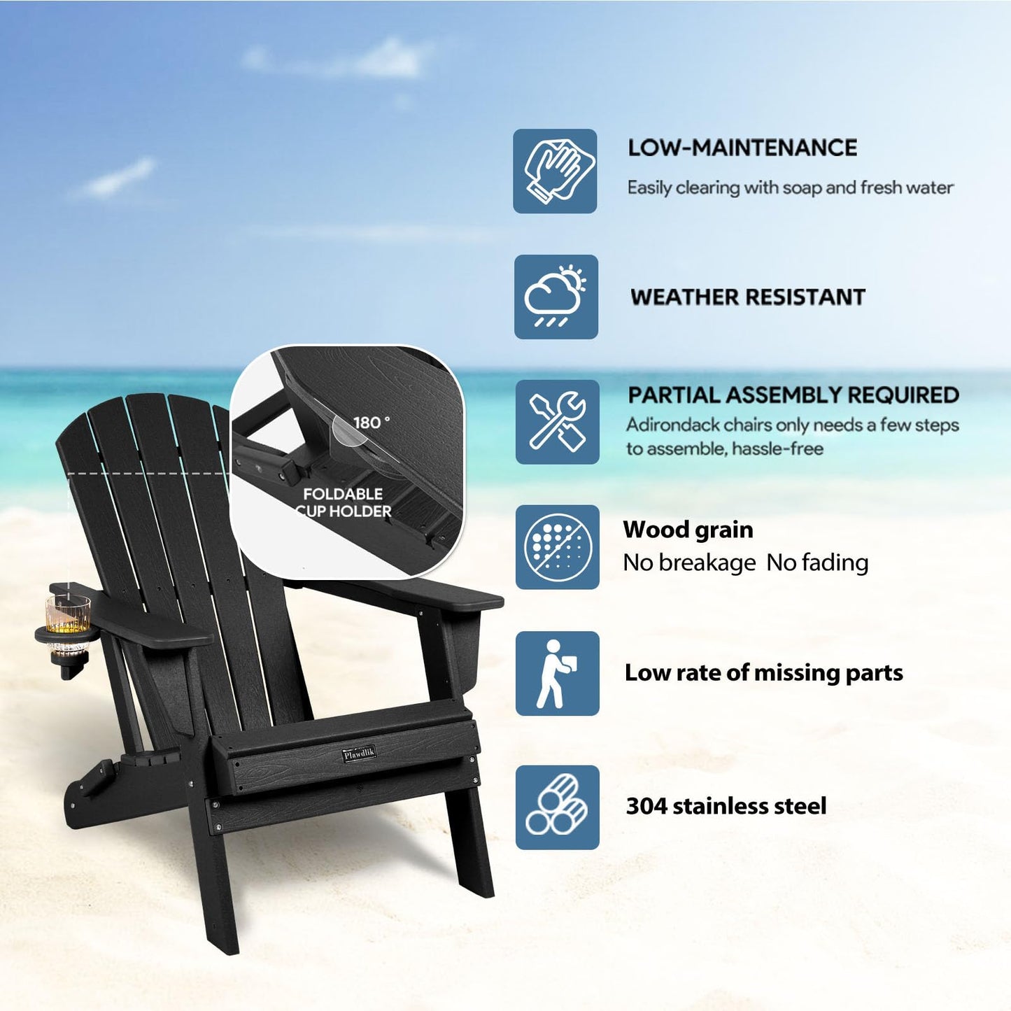 Plawdlik Folding Adirondack Chair, SGS Tested, Wooden Textured with Cup Holder, Heavy All-Weather HDPE Comfortable Set Poolside Backyard Lawn Black