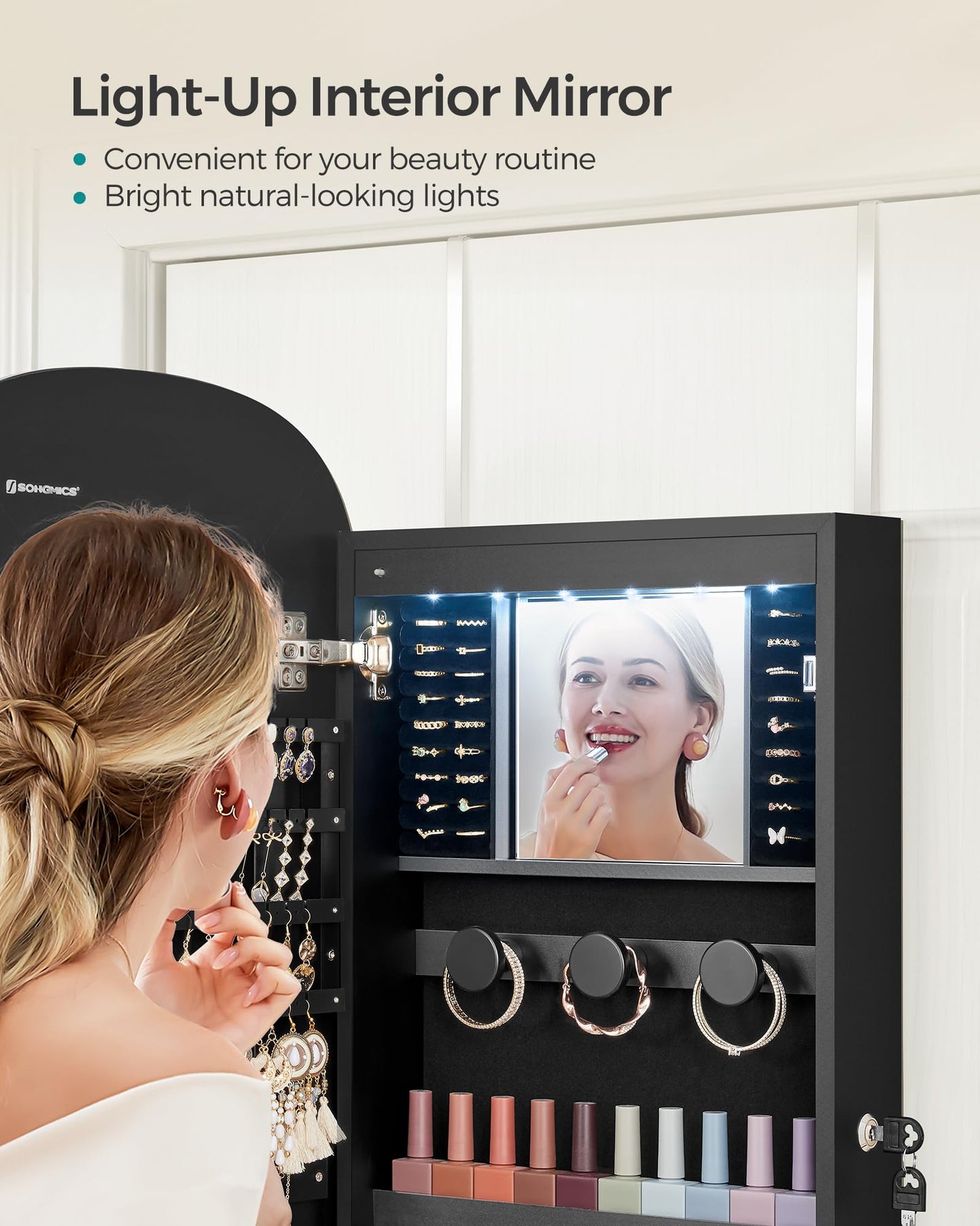 SONGMICS Jewelry Organizer, LED Jewelry Cabinet Wall or Door Mounted, Lockable Rounded Wide Mirror with Storage, Interior Mirror, Christmas Gifts, Black Surface with Black Lining