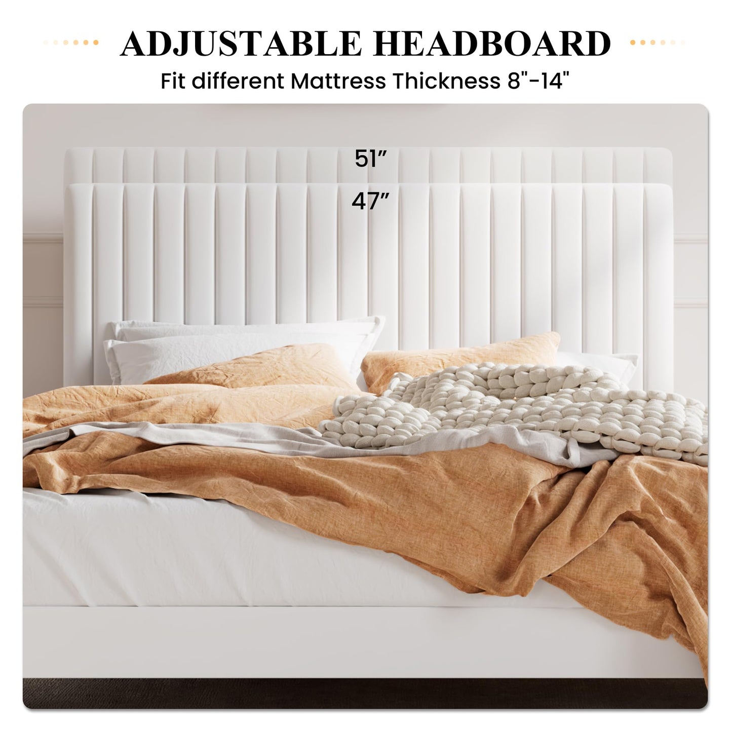 SHA CERLIN Full Upholstered Platform Bed Frame with Vertical Channel Tufted Velvet Fabric Adjustable Headboard, Wooden Slats Support, Mattress Foundation, Box Spring Optional, Off-White