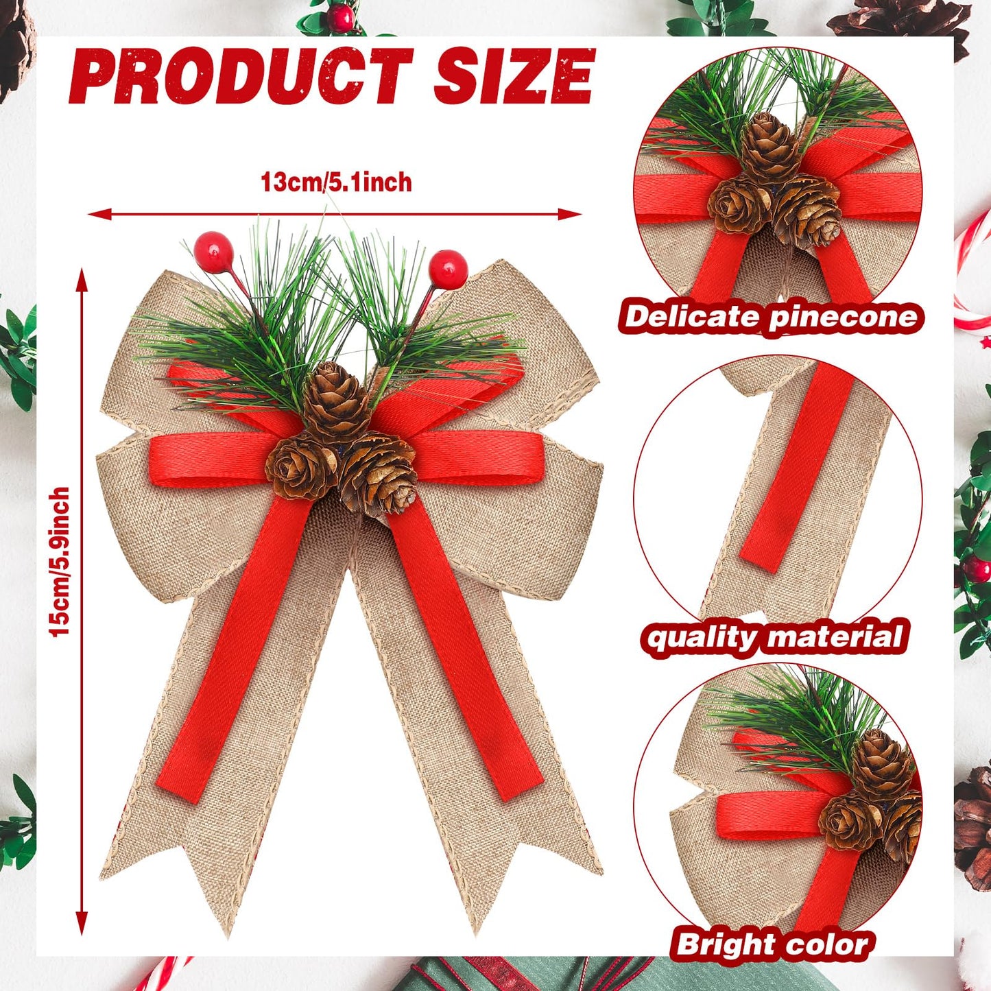 Moucuny 6 Pcs Christmas Burlap Bow with Pine Cones Pine Needles Xmas Burlap Ribbon Bow Christmas Tree Decoration Bows for Christmas Parties Indoor Outdoor Crafts DIY Decor