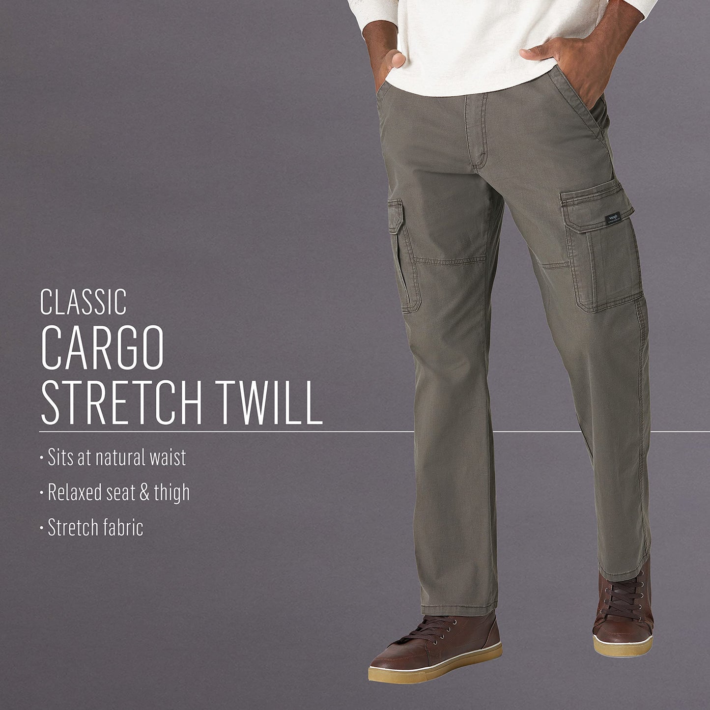 Wrangler Authentics Men's Relaxed Fit Stretch Cargo Pant, Kangaroo, 32W x 32L