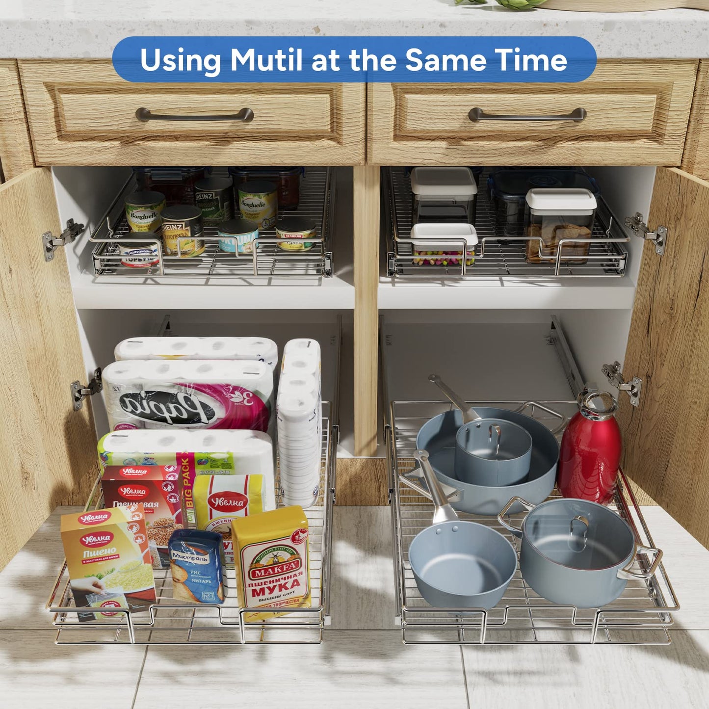 ROOMTEC Pull Out Cabinet Organizer, Cabinet Pull Out Shelves 11" W x 21" D, Heavy Duty Cabinet Drawers Slide Out Kitchen Cabinet Organizers Storage Shelf