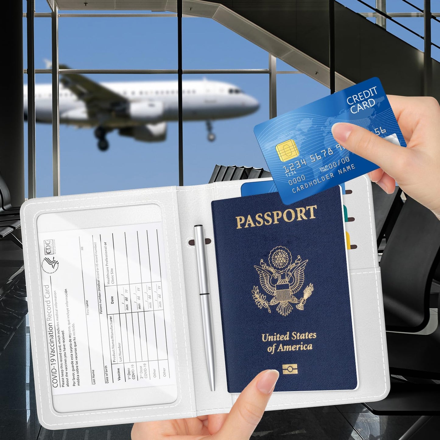 Rimilak Passport Holder, RFID Blocking Passport Cover Wallet with Clear Window, Leather Travel Air Ticket Documents Organizer Protector for Women and Men, Gold Marble