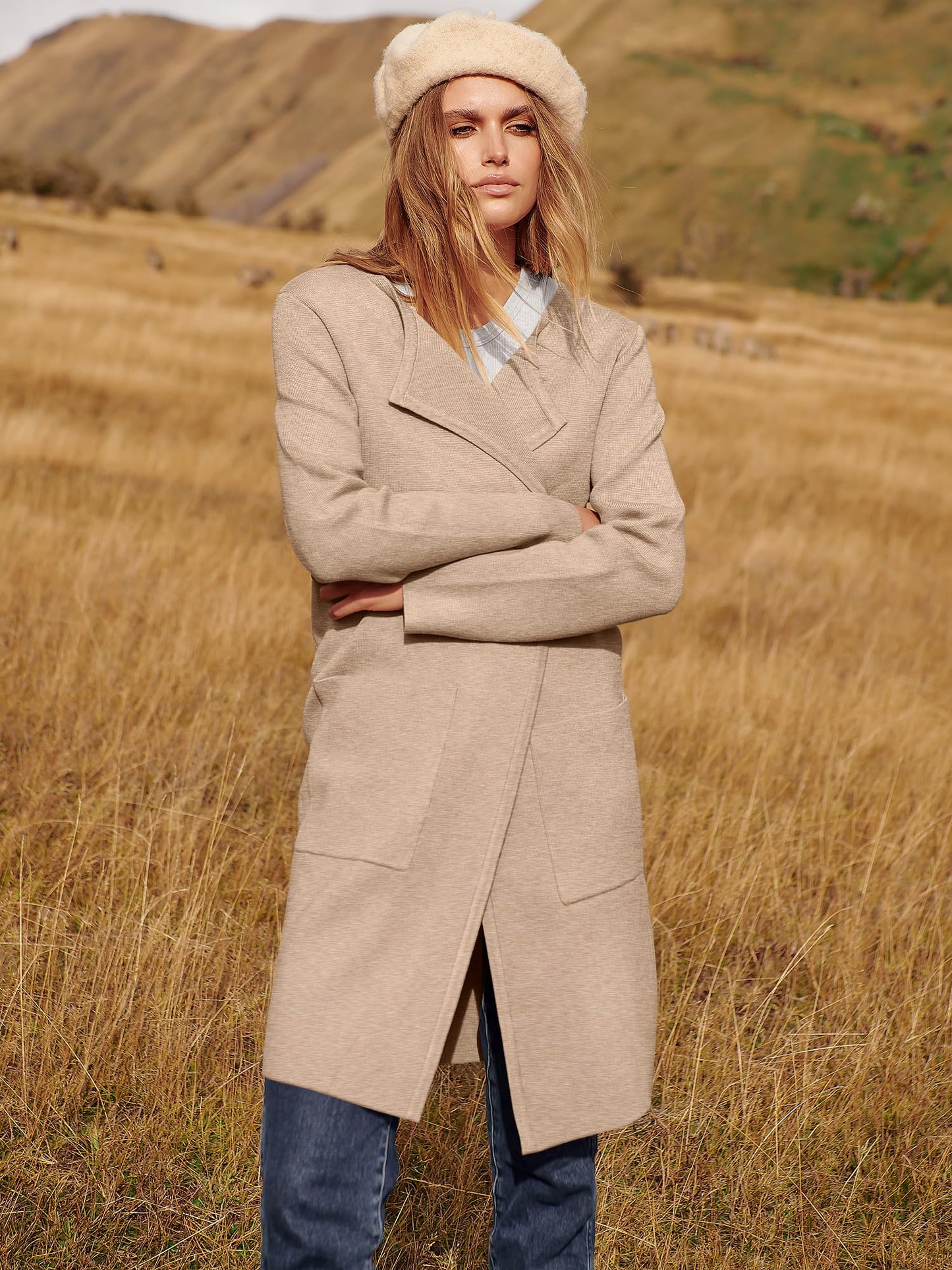 ANRABESS Women's Open Front Knit Lightweight Cardigan Casual Long Coatigan Sweater Lady Jacket Coat 2024 Fall Outerwear Apricort X-Small