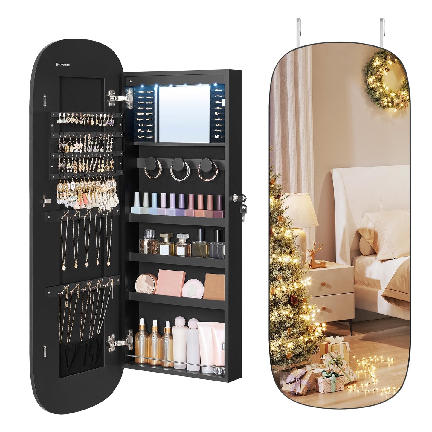 SONGMICS Jewelry Organizer, LED Jewelry Cabinet Wall or Door Mounted, Lockable Rounded Wide Mirror with Storage, Interior Mirror, Christmas Gifts, Black Surface with Black Lining