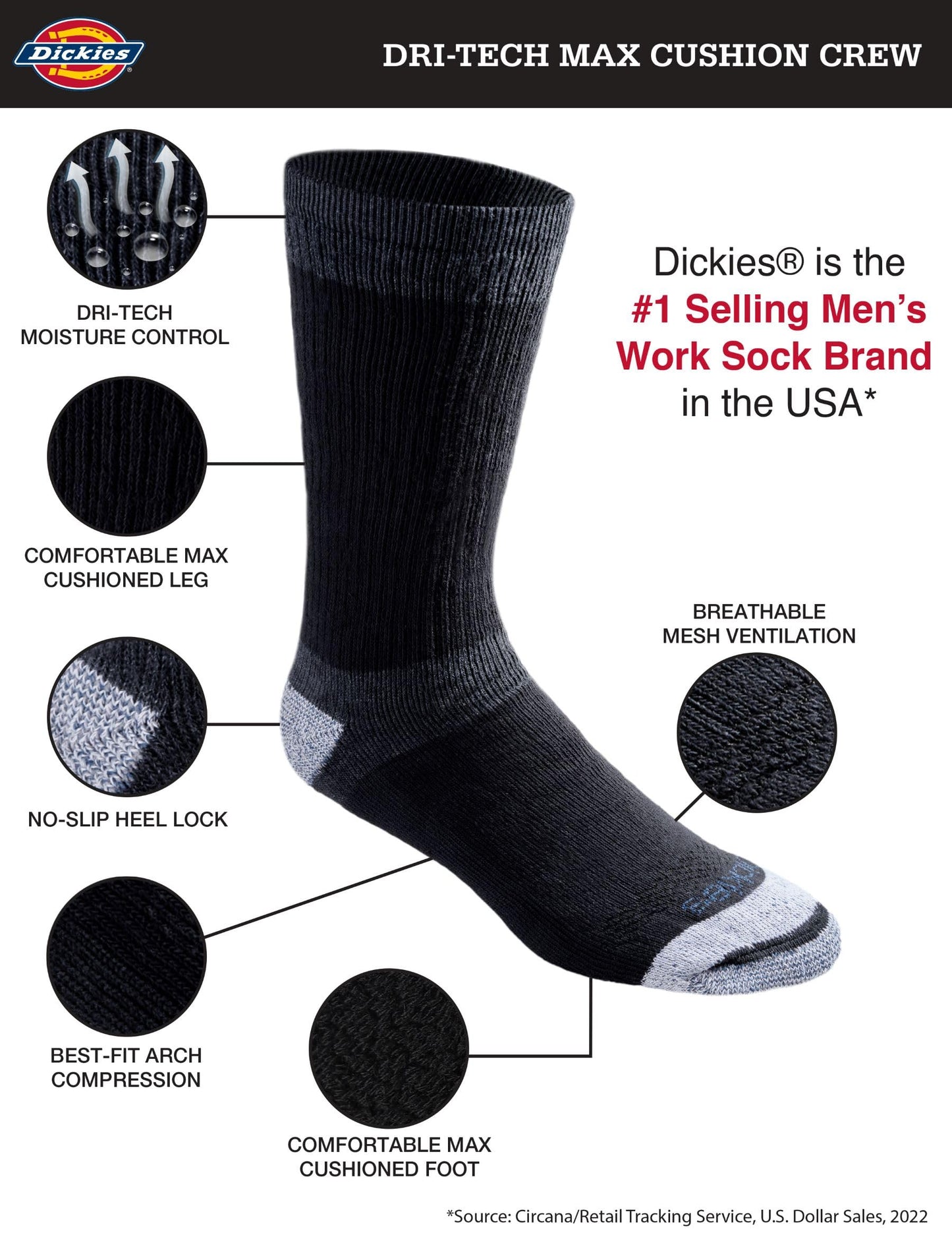 Dickies mens Dri-tech Moisture Control Max Full Cushion Crew Multipack Casual Sock, 3.0 Full Cushion Black (6 Pairs), Shoe Size 6-12 US
