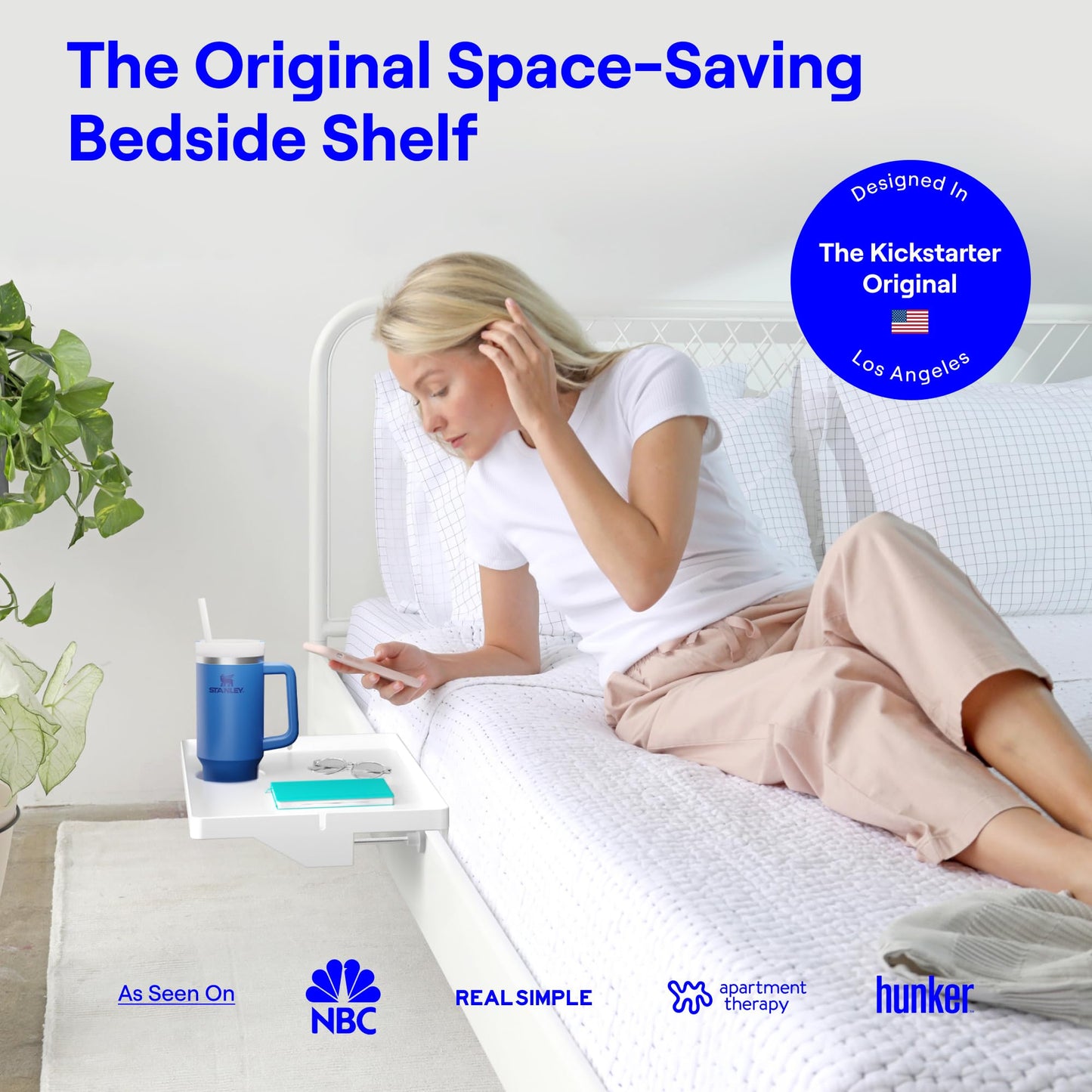 BedShelfie Bedside Shelf for Bunk Bed & Top Bunk, College Dorm Room Essentials, Clip On Nightstand, Bed Side Table Tray Organizer - Cup Holder, White