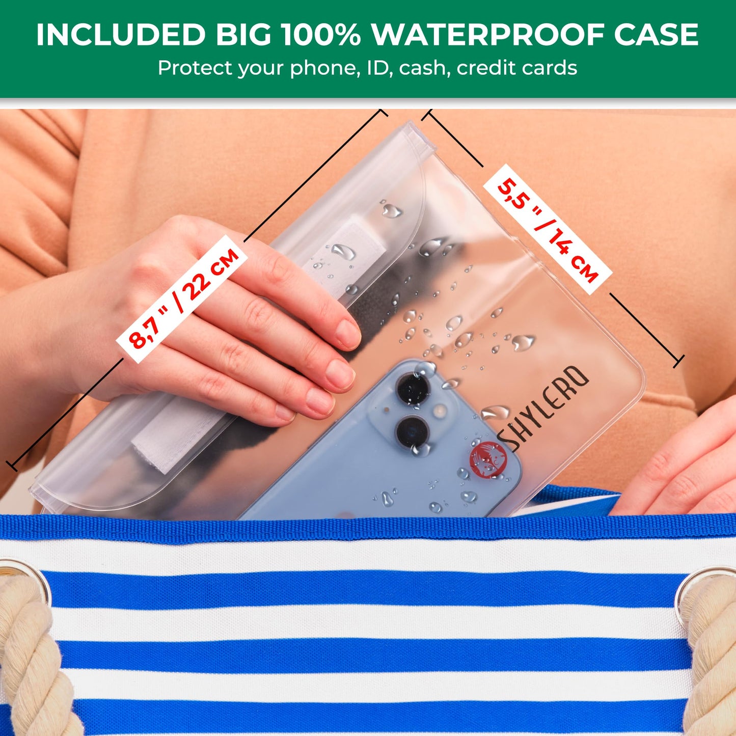 SHYLERO Beach Bag and Pool Bag. Has Airtight Pouch, Key Holder. Beach Tote is Zippered, Waterproof (IP64) - L22xH15xW6