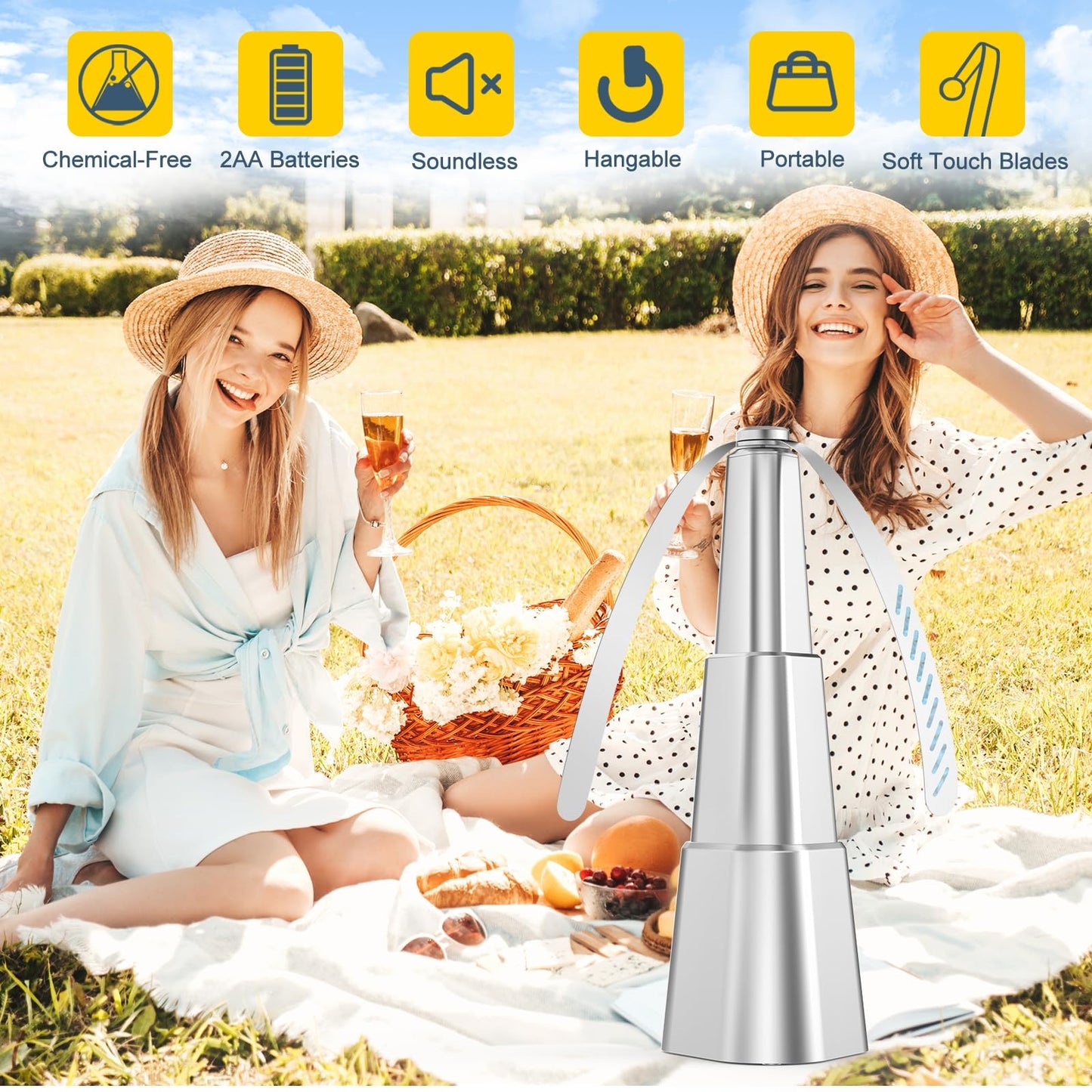 Fly Fans for Tables, Fly Fan Outdoor Indoor Keep Flies Away, Portable Table Top Fly Fan Fly Spinner with Holographic Blades, Fly Deterrent for Picnic, BBQ, Restaurant, Party, Home, 4 Pack, Silver