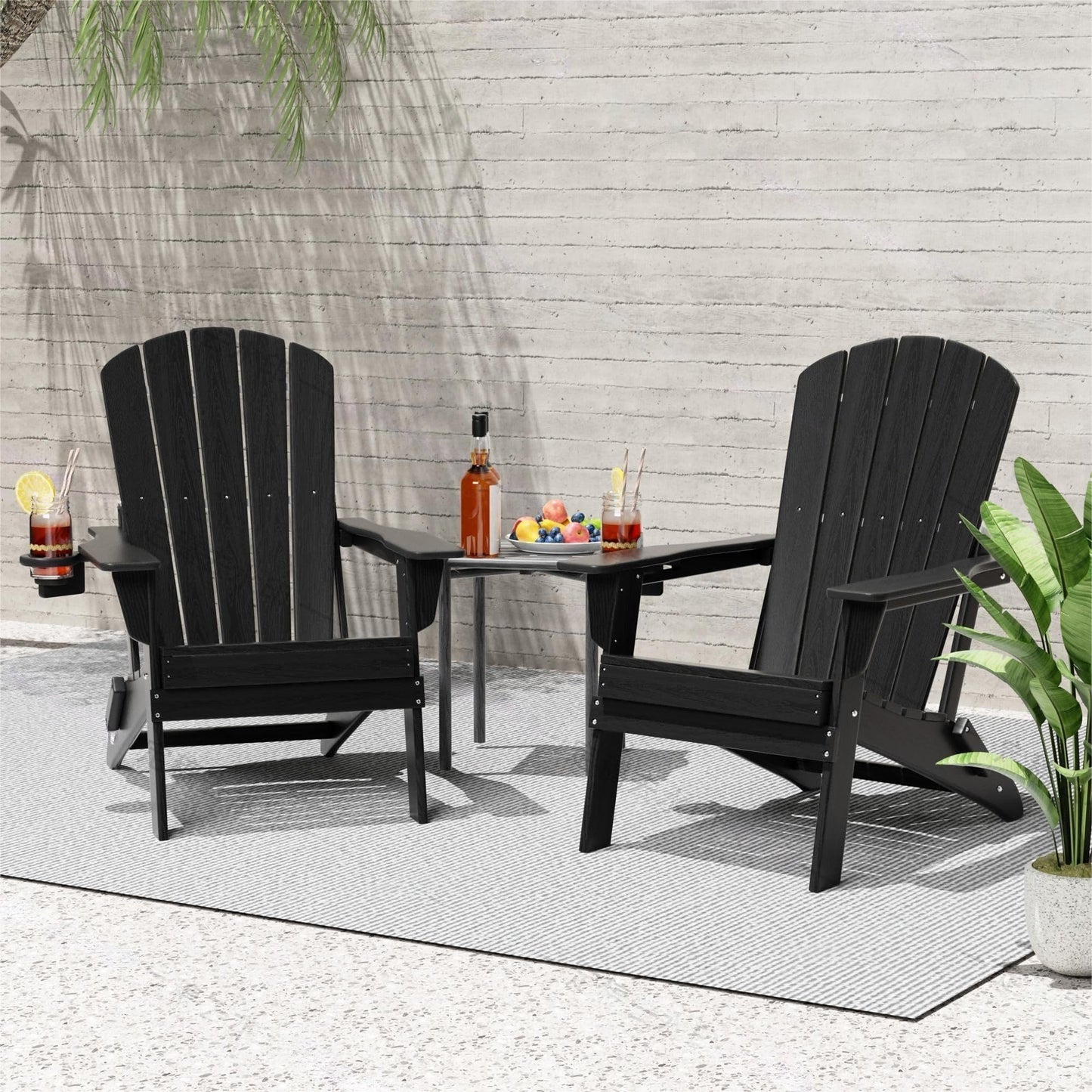 Plawdlik Folding Adirondack Chair, SGS Tested, Wooden Textured with Cup Holder, Heavy All-Weather HDPE Comfortable Set Poolside Backyard Lawn Black