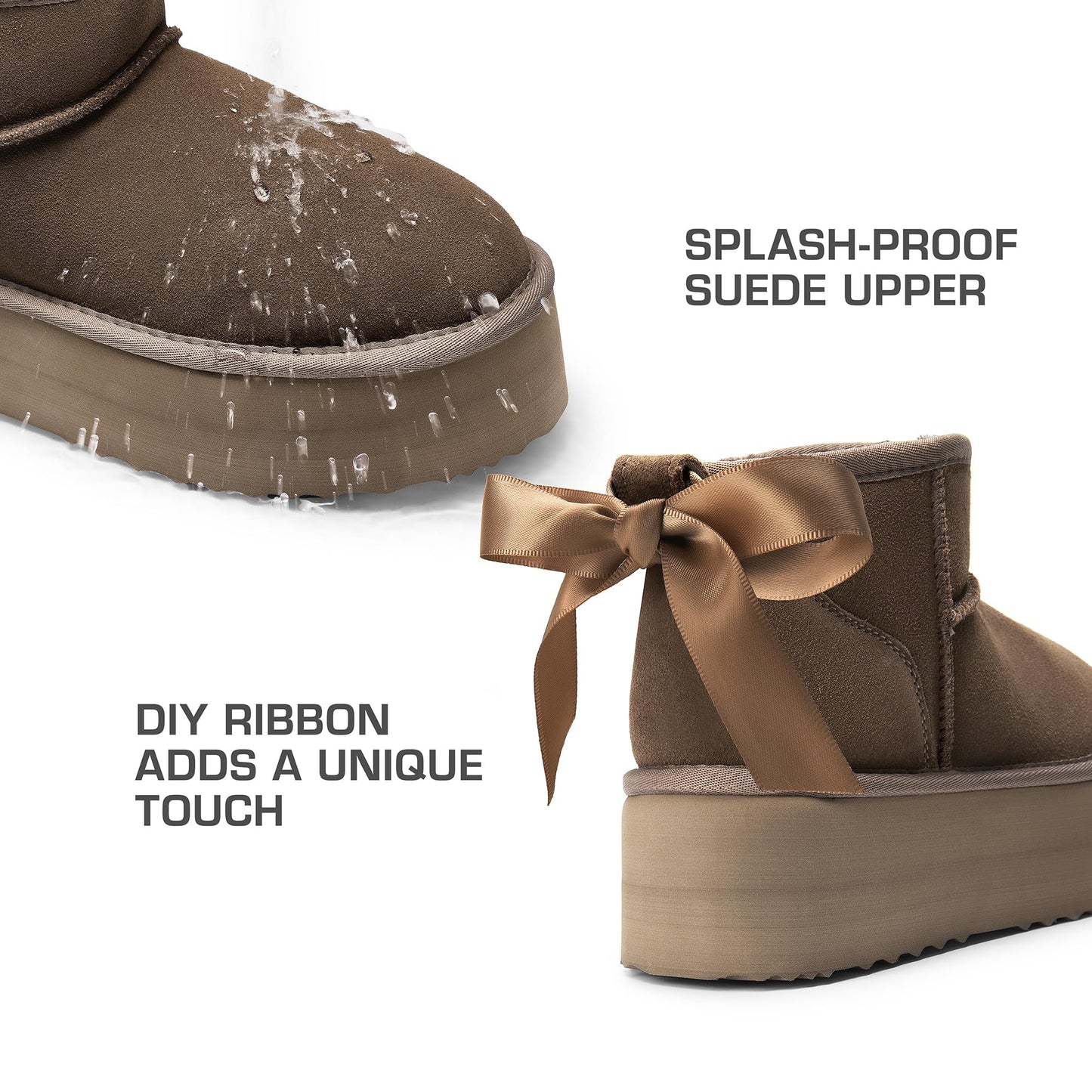 DREAM PAIRS FuzzyClassic Platform Mini Boots for Women Suede Genuine Leather, Classic Winter Ankle Snow Boots with Memory Foam Insole Lightweight Anti-Slip Outsole Outdoor,Size 5,Taupe,SDSB2427W