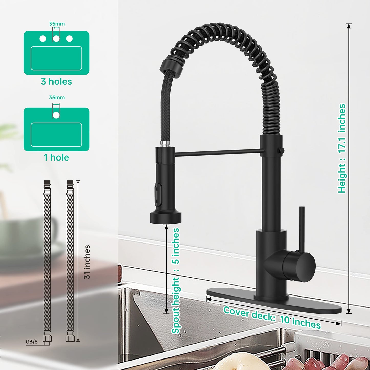 BASDEHEN Kitchen Faucets with Pull Down Sprayer, Black Spring Commercial Kitchen Sink Faucet Solid Brass with 10 Inch Mounting Table 1 Hole Or 3 Hole Compatible…