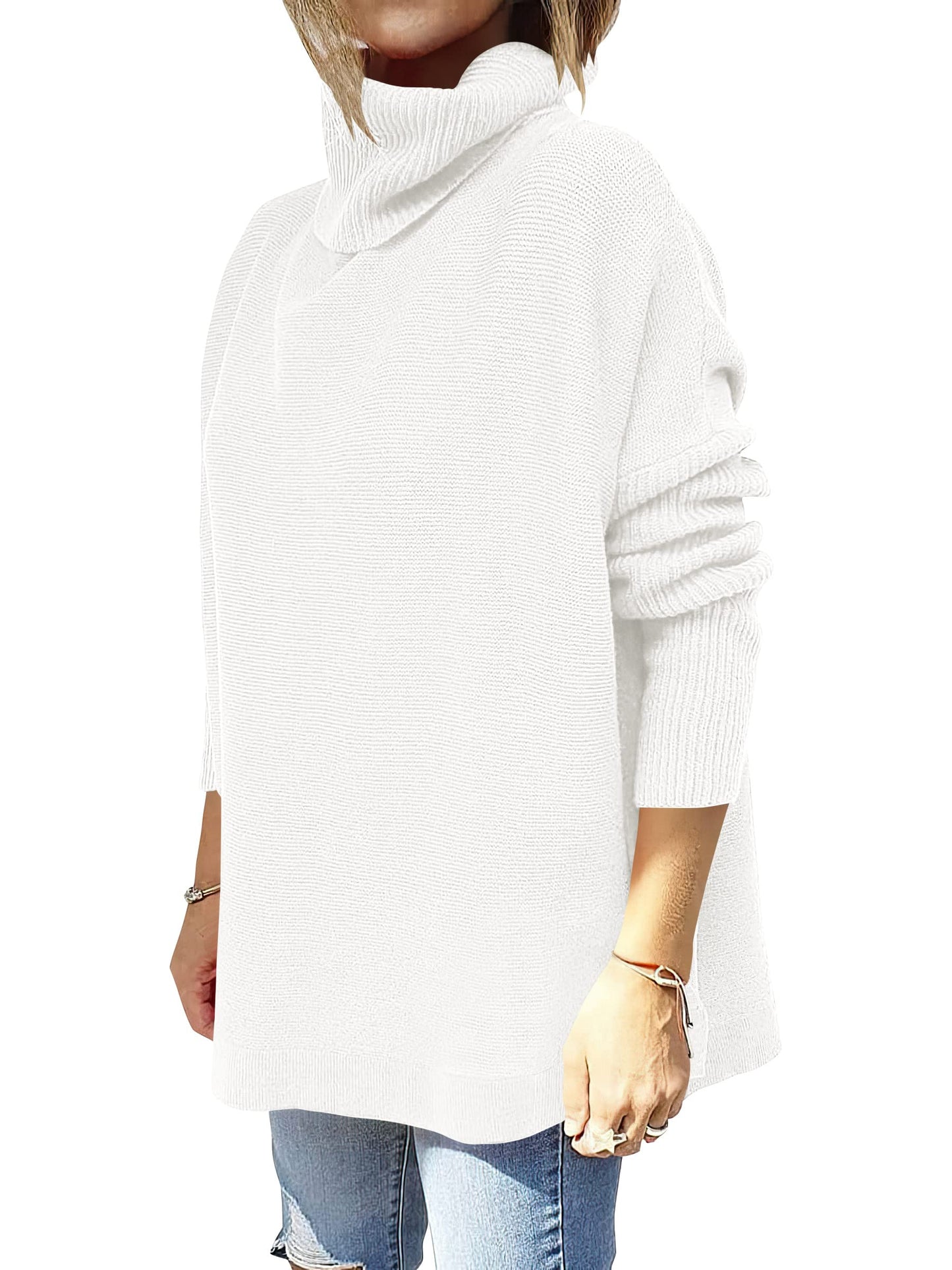 ANRABESS Women's Oversized Turtleneck Batwing Sleeve Spilt Casual Loose Knit Tunic Pullover Sweater Tops 2024 Fall Outfits White Medium