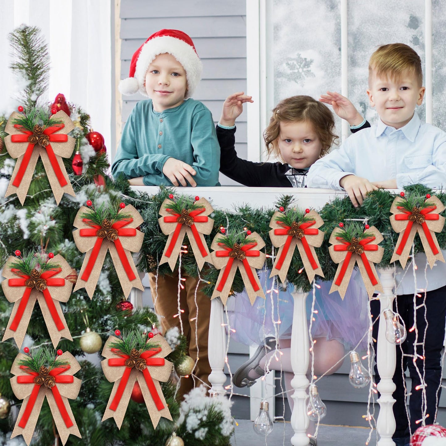 Moucuny 6 Pcs Christmas Burlap Bow with Pine Cones Pine Needles Xmas Burlap Ribbon Bow Christmas Tree Decoration Bows for Christmas Parties Indoor Outdoor Crafts DIY Decor