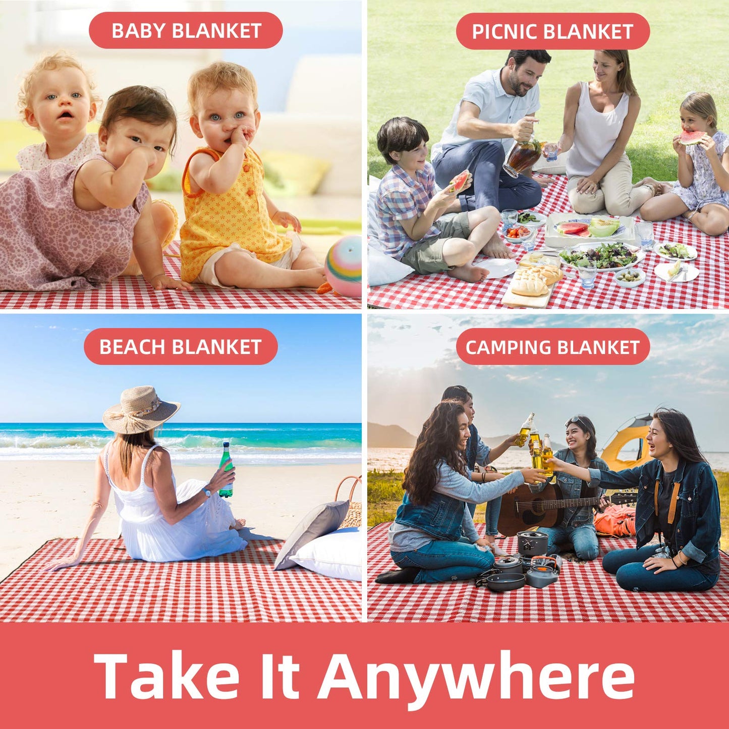 ZAZE Picnic Blanket Extra Large Waterproof, 80''x80''Checkered Picnic Blankets Beach, Outdoor, Camping on Grass Accessories Couple Ideas Wedding Registry Valentines Day (Red and White)