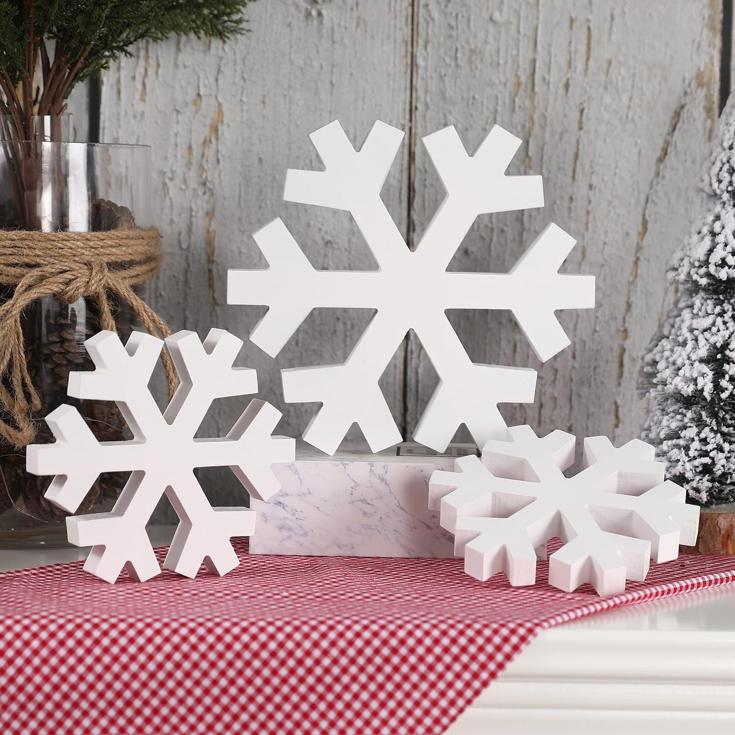 Christmas Decor-Christmas Decorations Indoor-3PCS Wooden Snowflake Decor-Winter White Standing Farmhouse Snowflake for Home Table Mantle Fireplace Decor