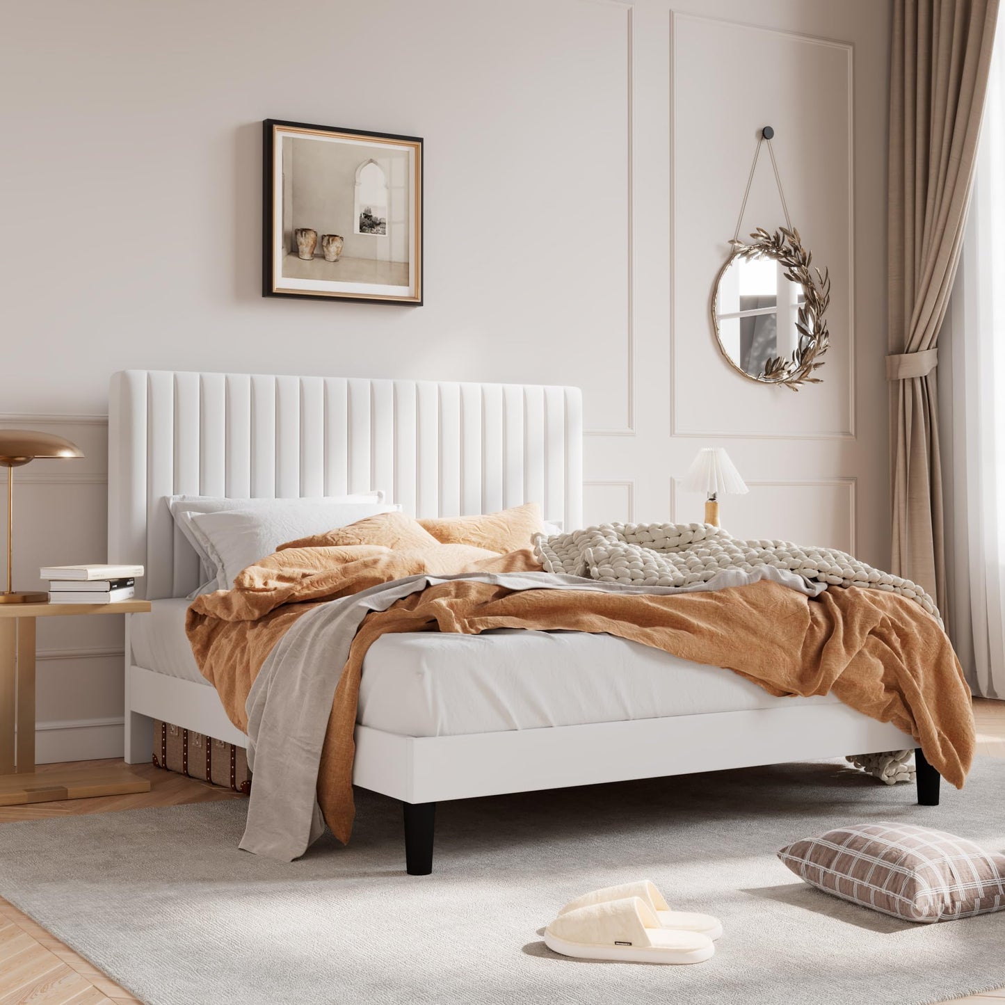 SHA CERLIN Queen Upholstered Platform Bed Frame with Vertical Channel Tufted Velvet Fabric Adjustable Headboard, Wooden Slats Support, Mattress Foundation, Box Spring Optional, Off-White