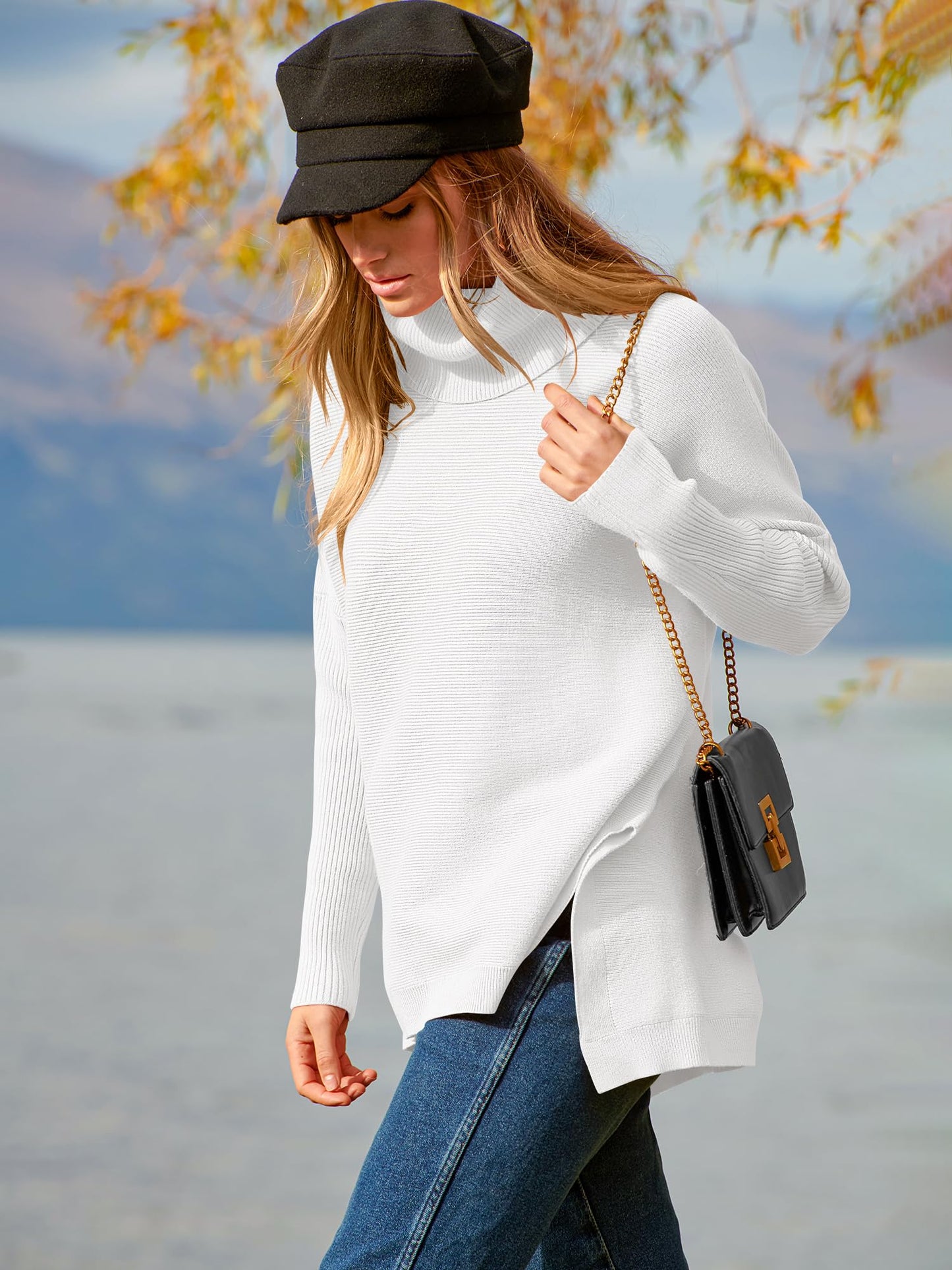 ANRABESS Women's Oversized Turtleneck Batwing Sleeve Spilt Casual Loose Knit Tunic Pullover Sweater Tops 2024 Fall Outfits White Medium