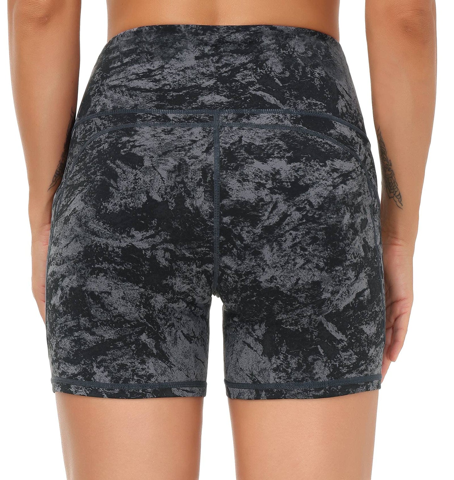 THE GYM PEOPLE High Waist Yoga Shorts for Women Tummy Control Fitness Athletic Workout Running Shorts with Deep Pockets (X-Large, Gray-Marble)