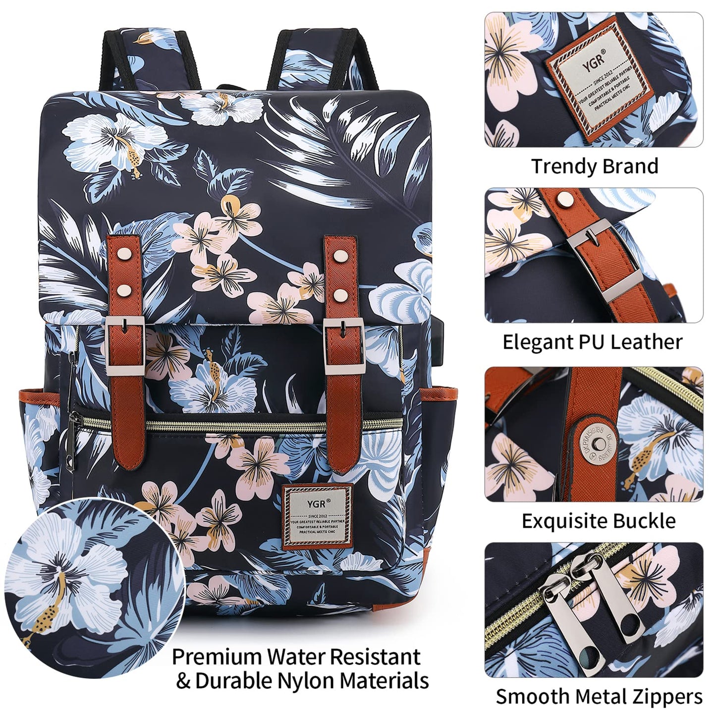 YGR Floral Laptop Backpack for Women, Female, College, Travel, Business, Outdoor Sports, Office, Work (Lotus Leaf)