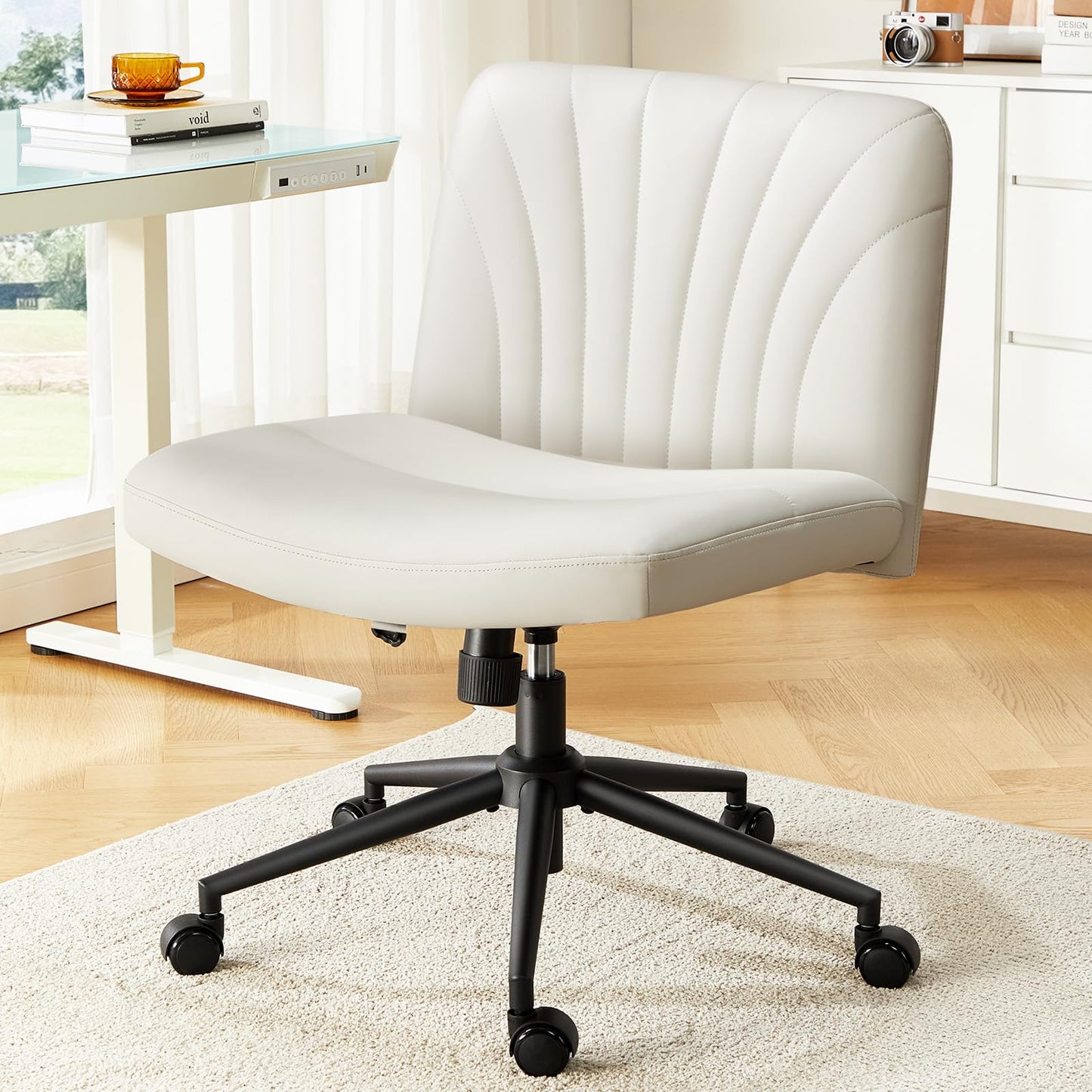 Marsail Criss Cross Chair with Wheels: PU Leather Cross Legged Office Chair Wide Armless Desk Chair Swivel Height Adjustable Vanity Chair for Make Up,Small Space,Bed Room(Light Beige)