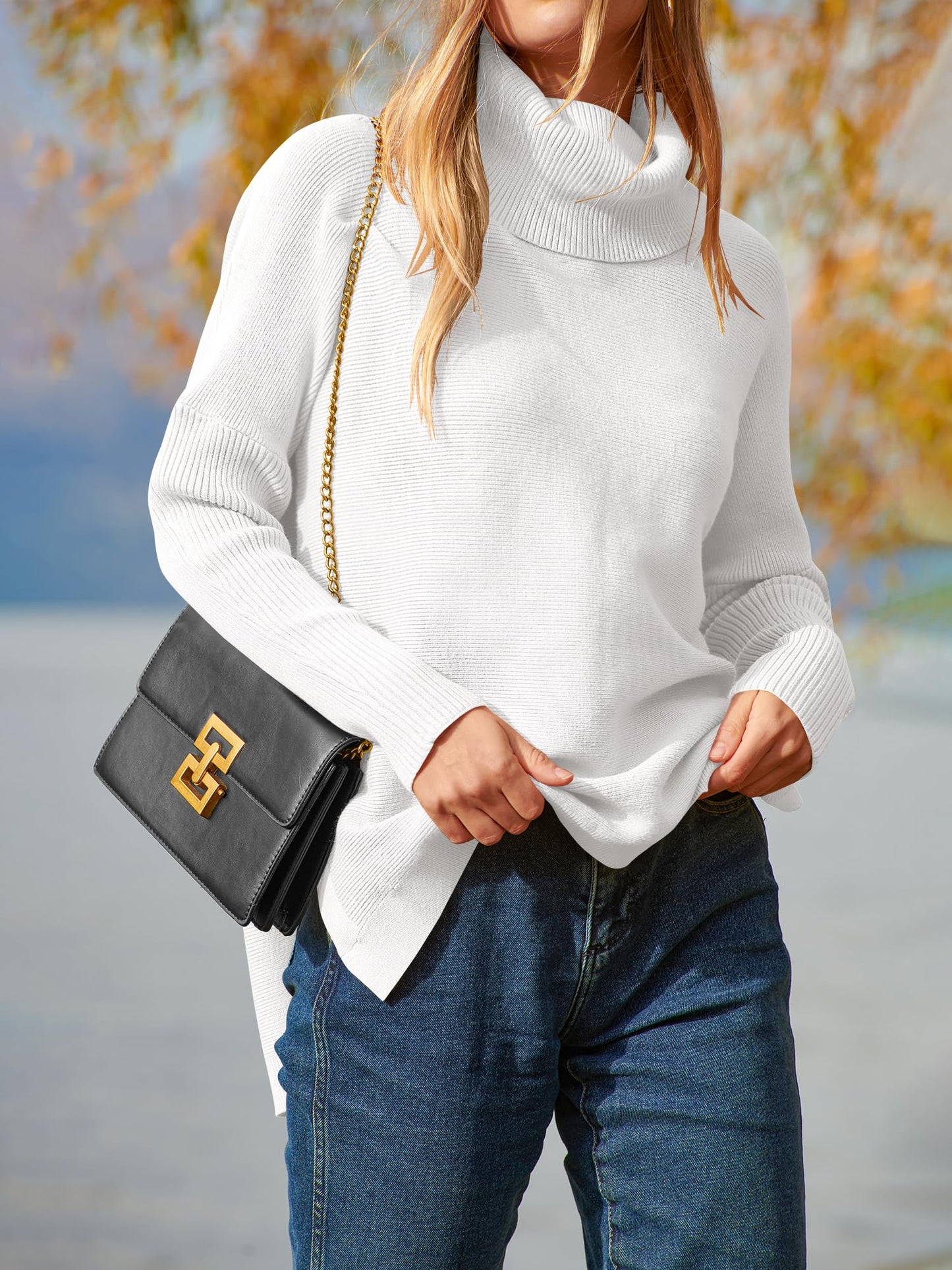 ANRABESS Women's Oversized Turtleneck Batwing Sleeve Spilt Casual Loose Knit Tunic Pullover Sweater Tops 2024 Fall Outfits White Medium