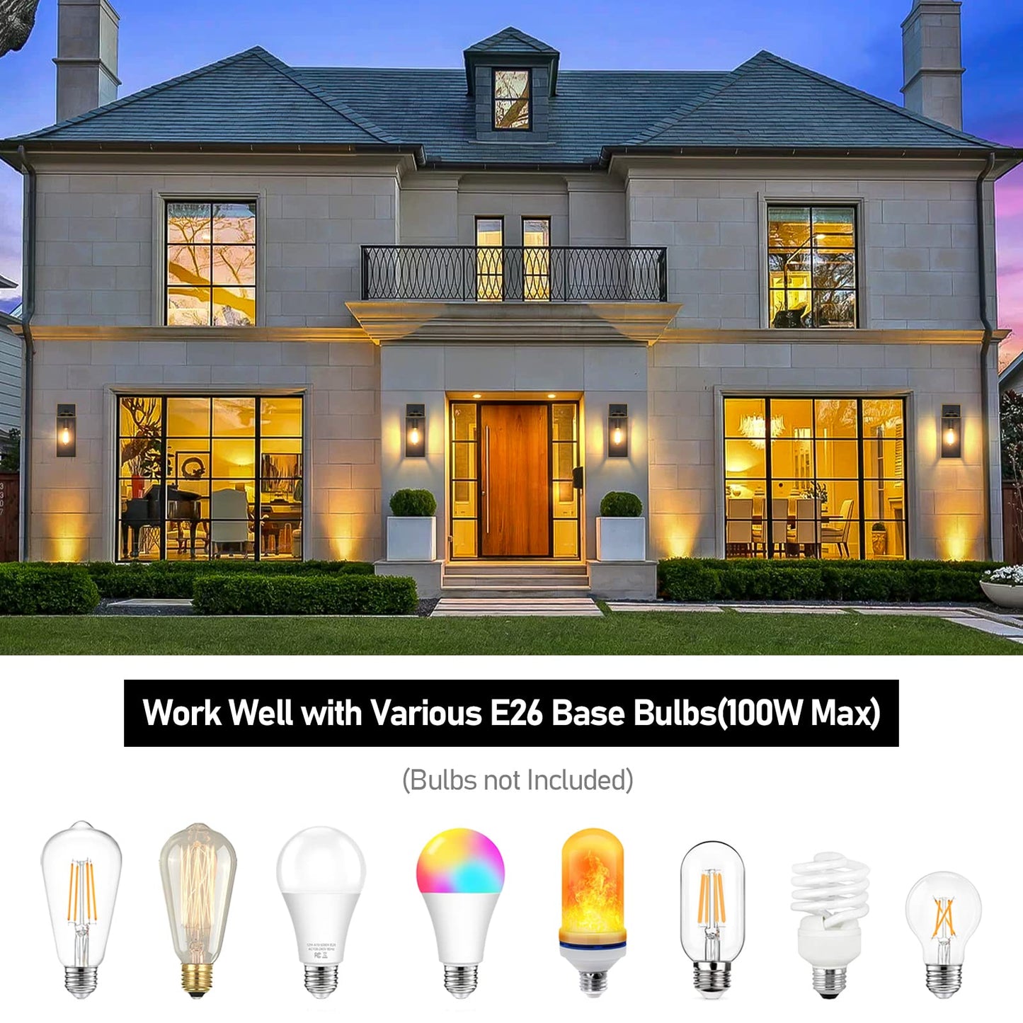Outdoor Wall Light Fixtures, Exterior Waterproof Wall Lanterns, Bronze Porch Sconces Wall Mounted Lighting with E26 Sockets & Glass Shades, Modern Wall Lamps for Patio Front Door Entryway, 2-Pack