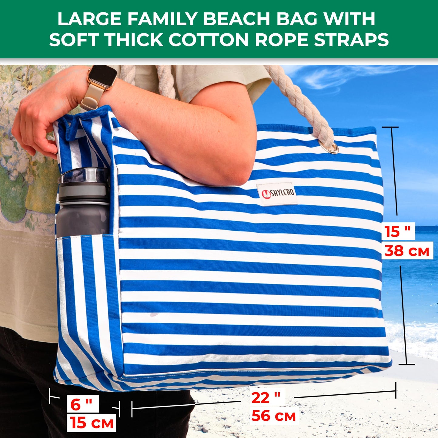 SHYLERO Beach Bag and Pool Bag. Has Airtight Pouch, Key Holder. Beach Tote is Zippered, Waterproof (IP64) - L22xH15xW6