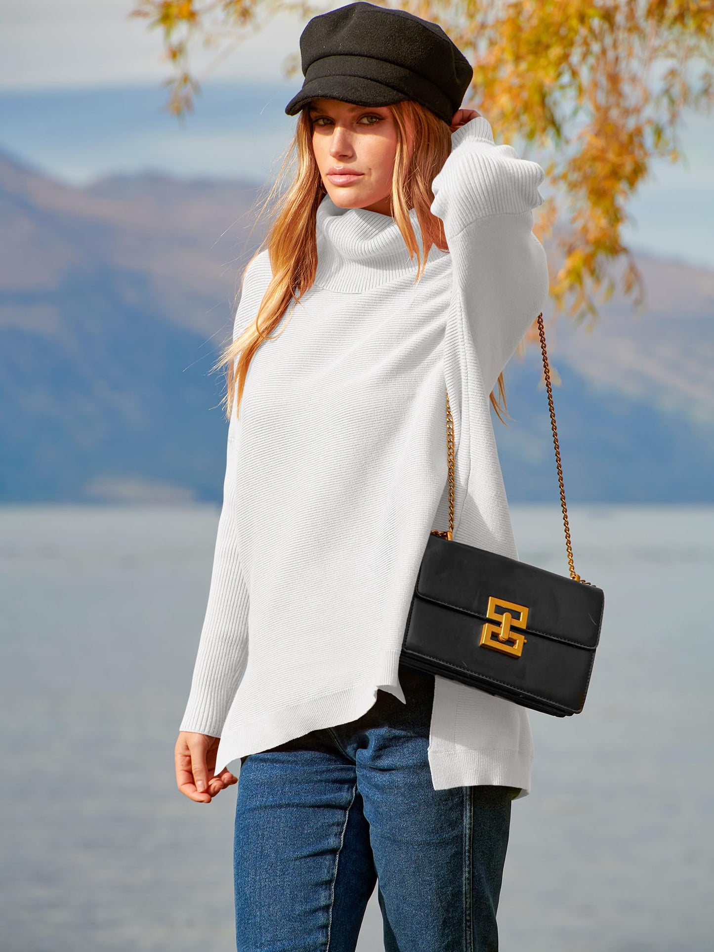 ANRABESS Women's Oversized Turtleneck Batwing Sleeve Spilt Casual Loose Knit Tunic Pullover Sweater Tops 2024 Fall Outfits White Medium