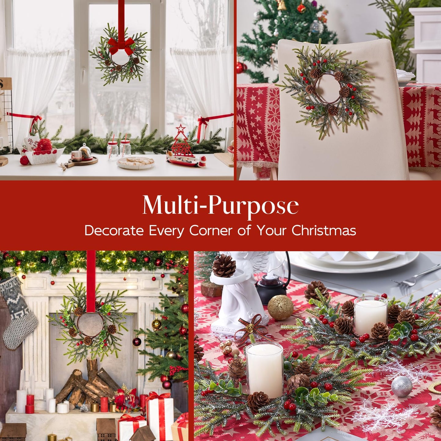 Mini Small Christmas Wreaths for Kitchen Cabinets-8pcs Christmas Candle Rings- Frosted Cedar Christmas Candle Rings Wreaths for Pillars/Window/Chair Wall-Christmas Table Centerpieces Decorations