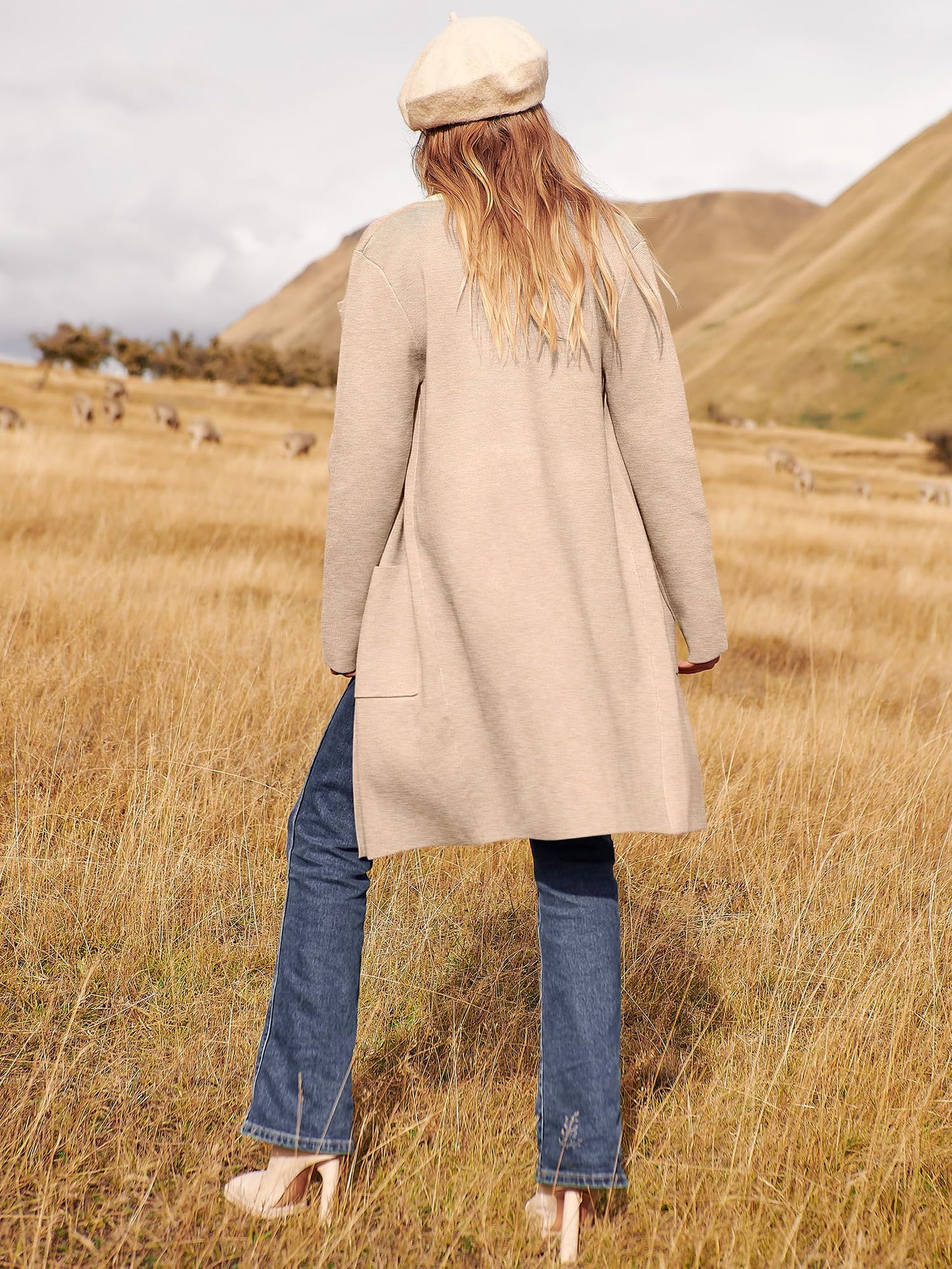 ANRABESS Women's Open Front Knit Lightweight Cardigan Casual Long Coatigan Sweater Lady Jacket Coat 2024 Fall Outerwear Apricort X-Small