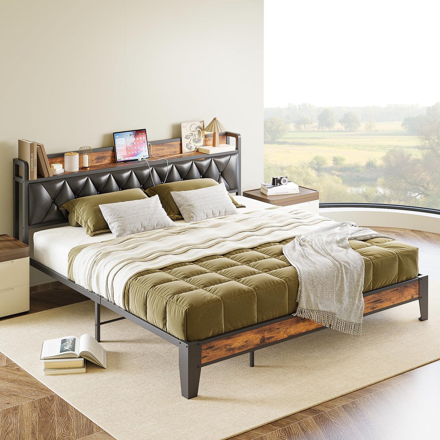 ANCTOR King Bed Frame, Storage Headboard with Outlets, Easy to Install, Sturdy and Stable, No Noise, No Box Springs Needed, Rustic Brown and Black