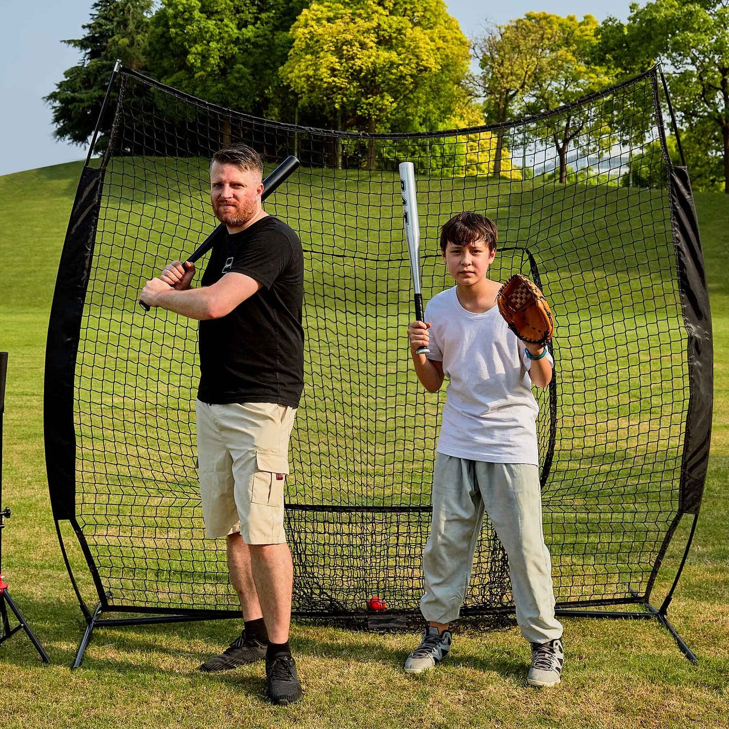 Baseball and Softball Practice Net 7'×7' Portable Hitting Batting Training Net with Carry Bag & Metal Frame + Baseball Softball Batting Tee (Baseball Net with Batting Tee)