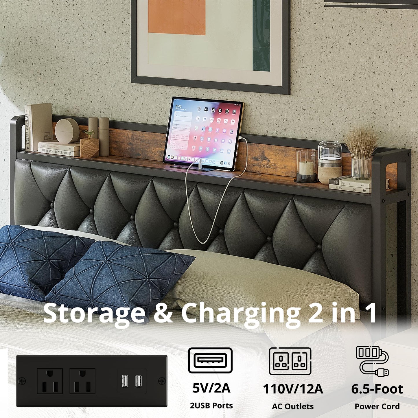 ANCTOR King Bed Frame, Storage Headboard with Outlets, Easy to Install, Sturdy and Stable, No Noise, No Box Springs Needed, Rustic Brown and Black