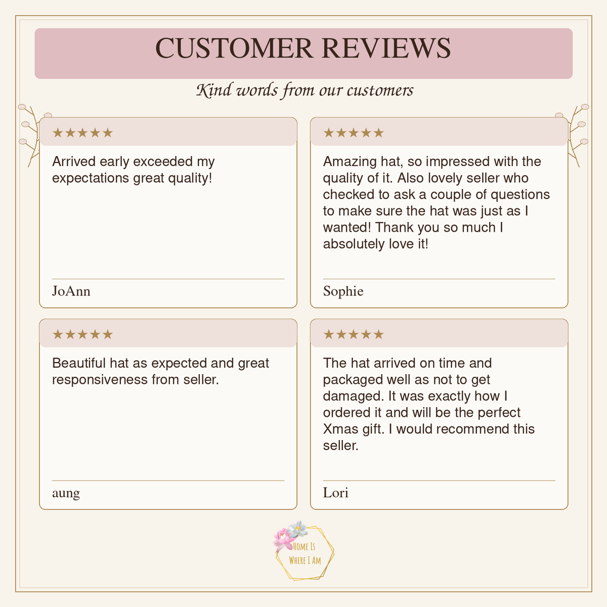 Four original five-star customer reviews of custom western hats